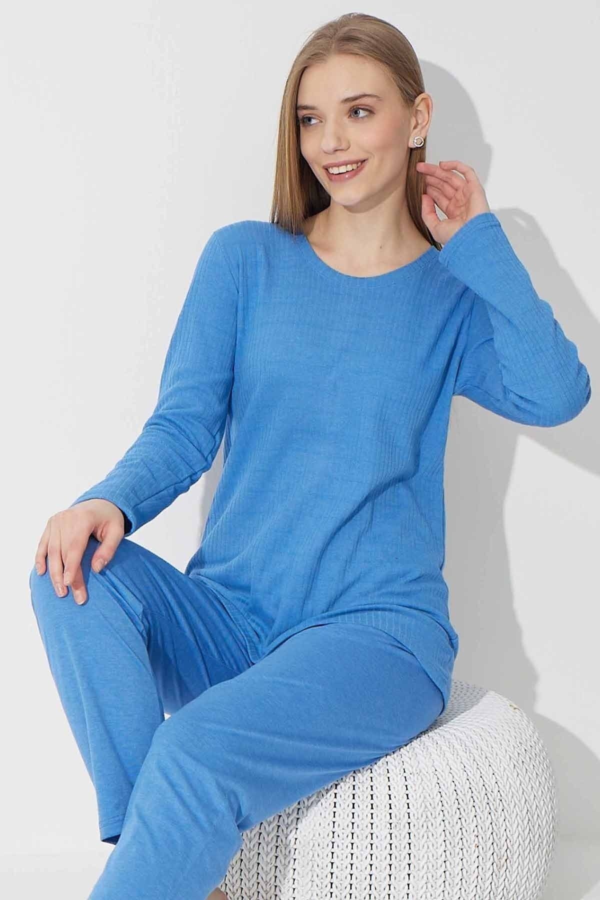 Siyah İnci Mavi Örme Pamuklu Pijama Takımı
