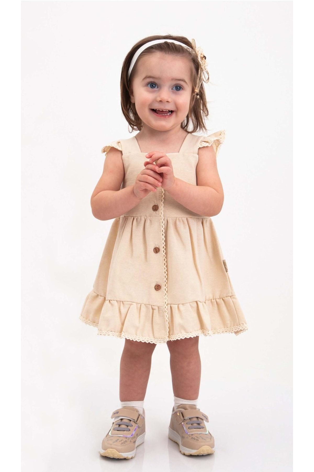 MİNİKO KİDS Kız Bebek Önden Düğmeli Askılı Pamuk Elbise
