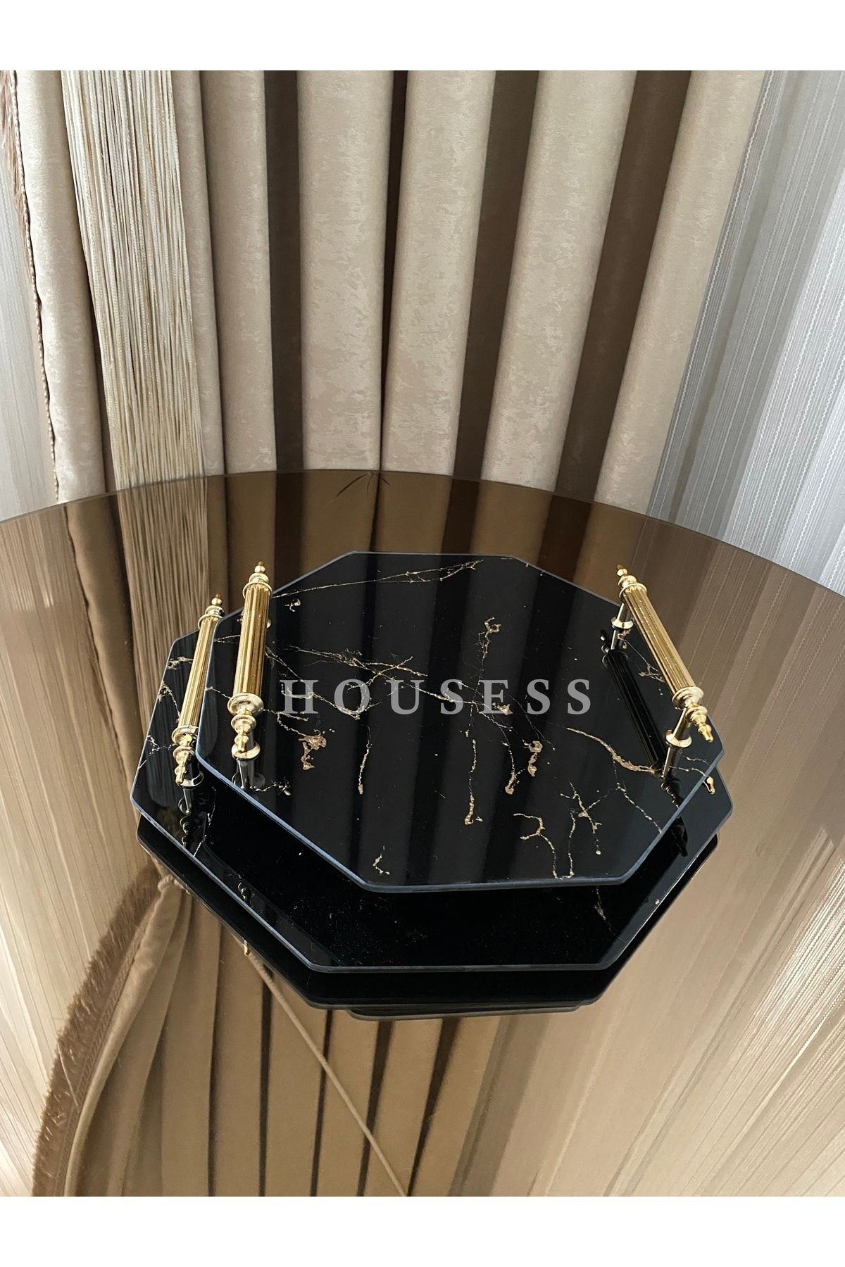 Housess 2'li Söz Nişan Kına Tepsisi Siyah Mermer Desenli Cam Dekoratif Sekizgen Tepsi