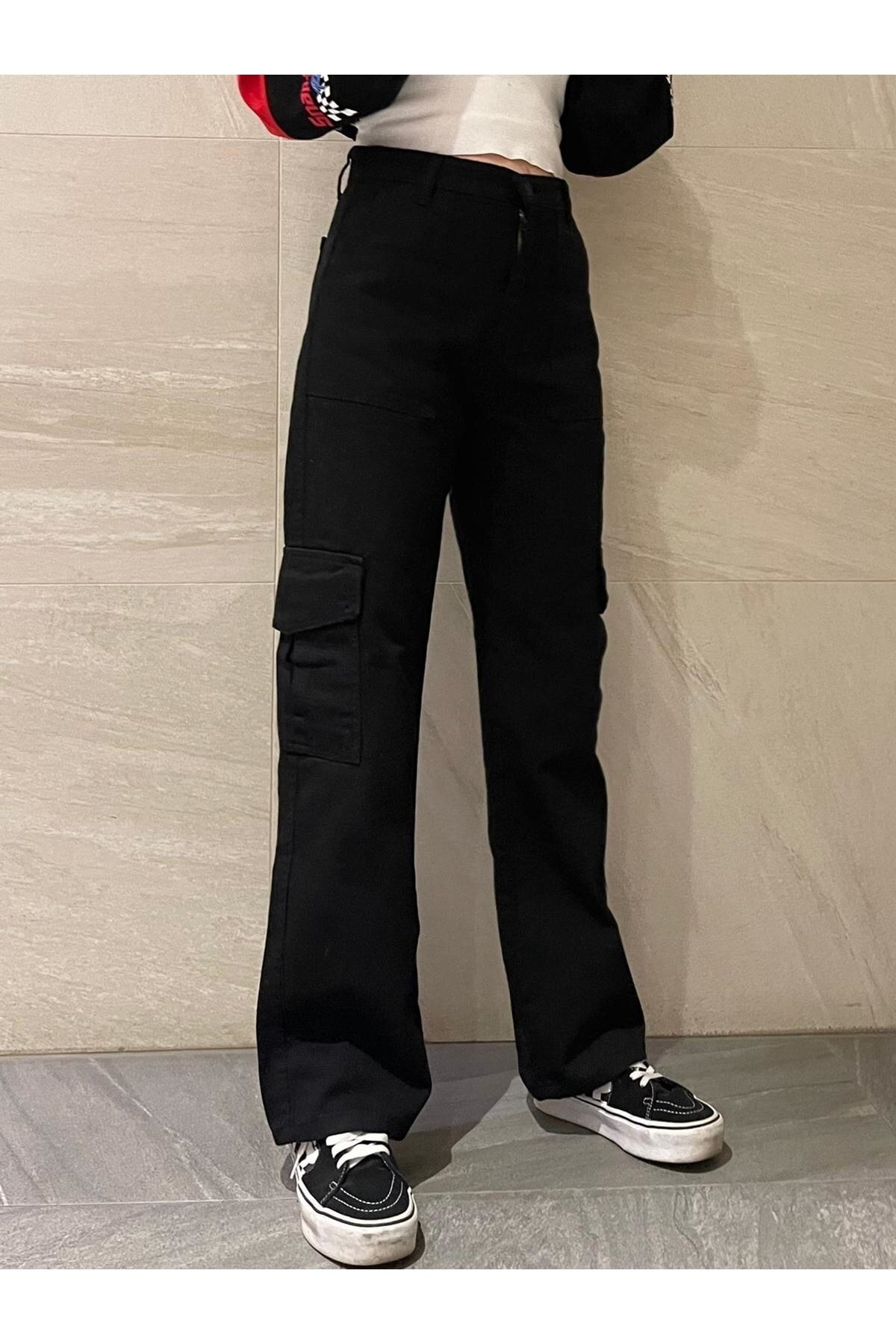 LİMABEL Yüksek Bel Siyah Avrupa Kargo Cepli Jeans  Pamuk