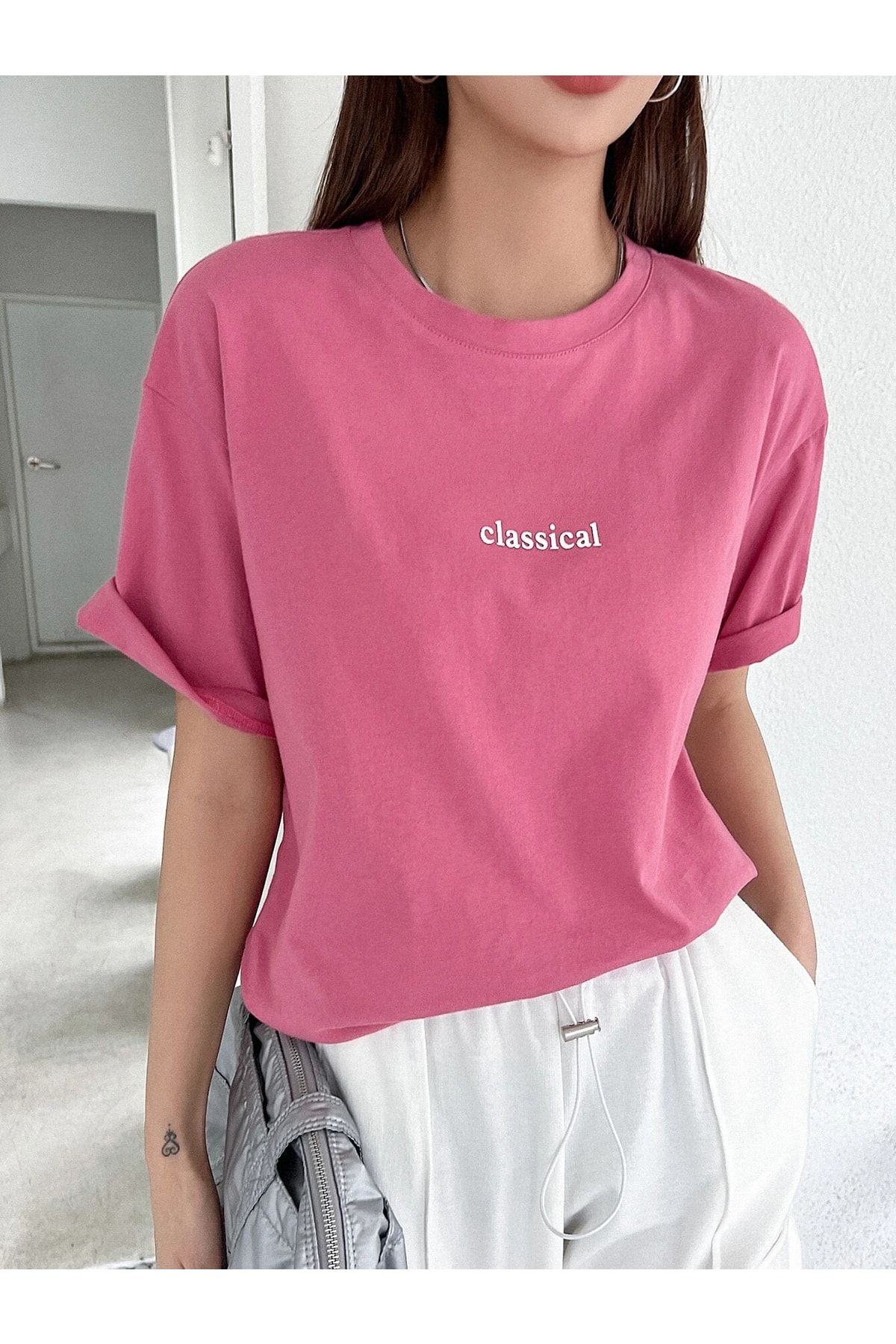 CLAYES Pembe Oversize Classical T-shirt - Oversize Baskılı