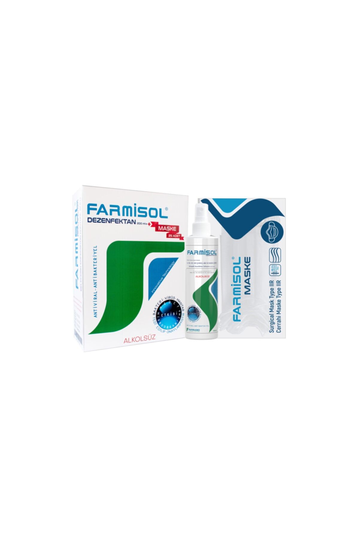 Farmisol Dezenfektan - Kişisel Kullanım 200 ml  25 Adet Maske