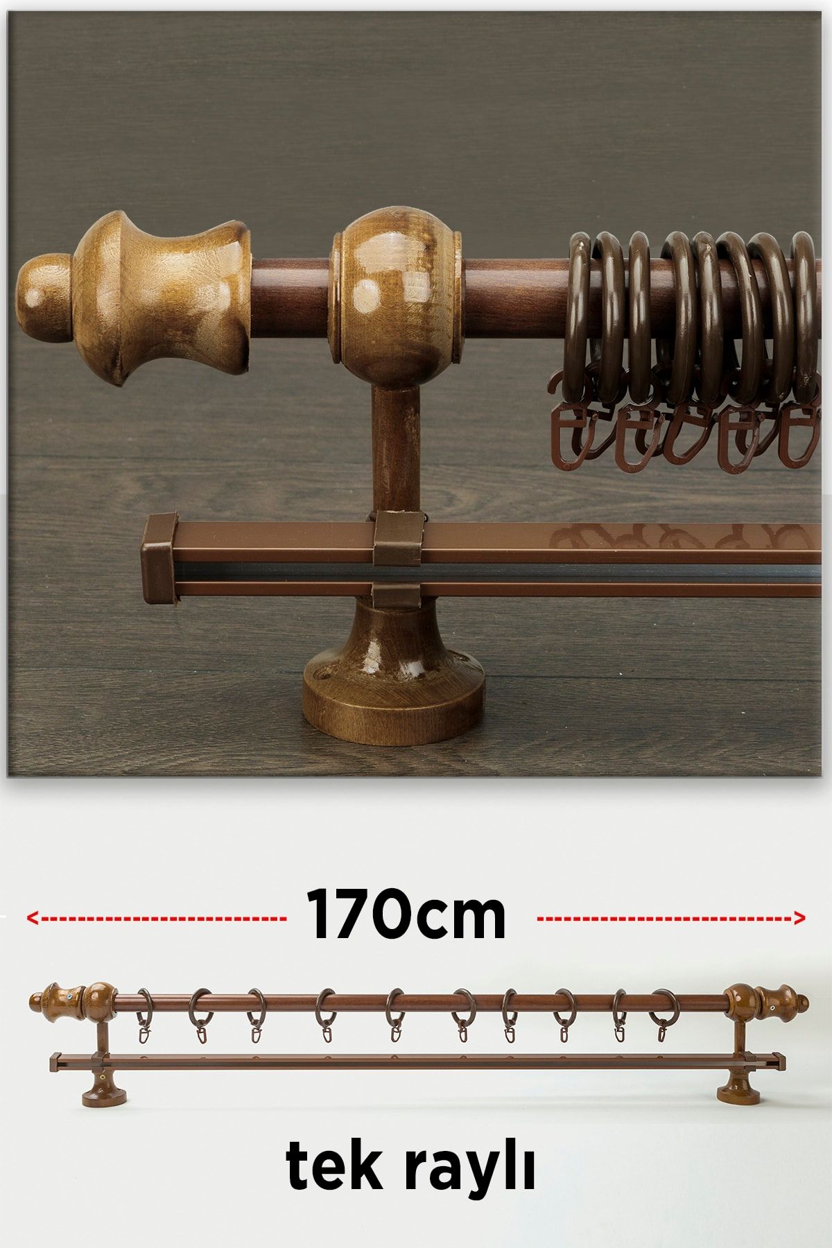 wenthi Ceviz Koyu Kahve Ahşap Rustik Tek Raylı Perde Askısı Venti 170 Cm