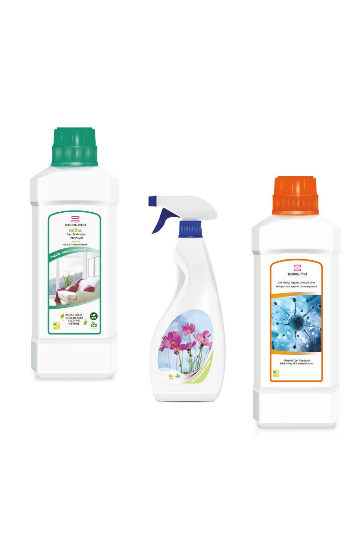 BioBellinda Cam & Mobilya Temizleyici + Oda Parfümü Bahar + Çok Amaçlı Hijyenik Temizleme Sıvısı