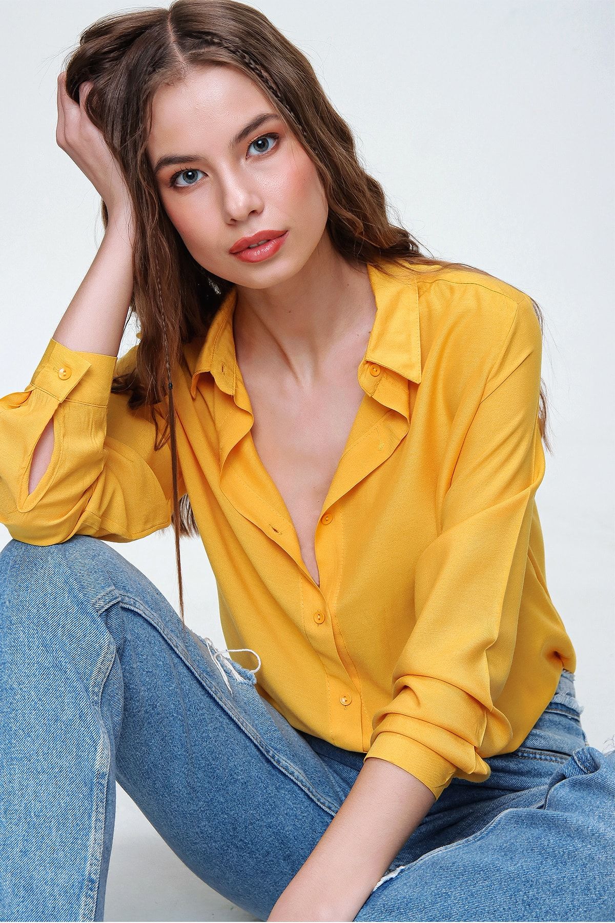 Trend Alaçatı Stili Kadın Hardal Sarısı Basic Viskon Gömlek ALC-X5442
