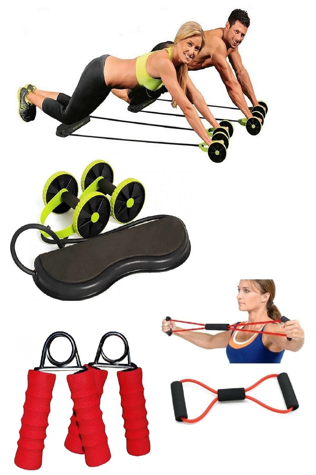 Nadom 3'lü Set Karın Kası Bel Kol Bacak Ipli Tekerlekli Spor Aleti Egzersiz Direnç Spor Lastiği El Yayı