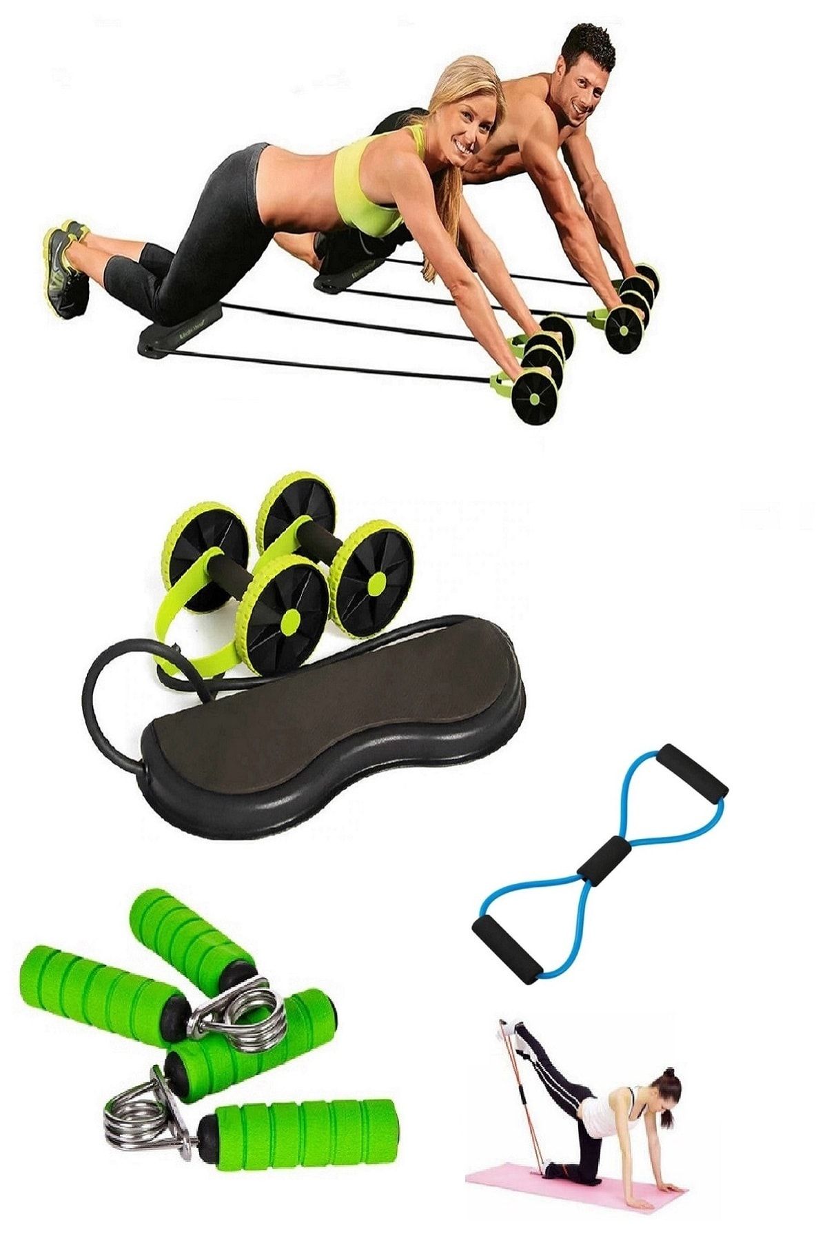 Nadom 3'lü Set Karın Kası Bel Kol Bacak Ipli Tekerlekli Spor Aleti Egzersiz Direnç Spor Lastiği El Yayı