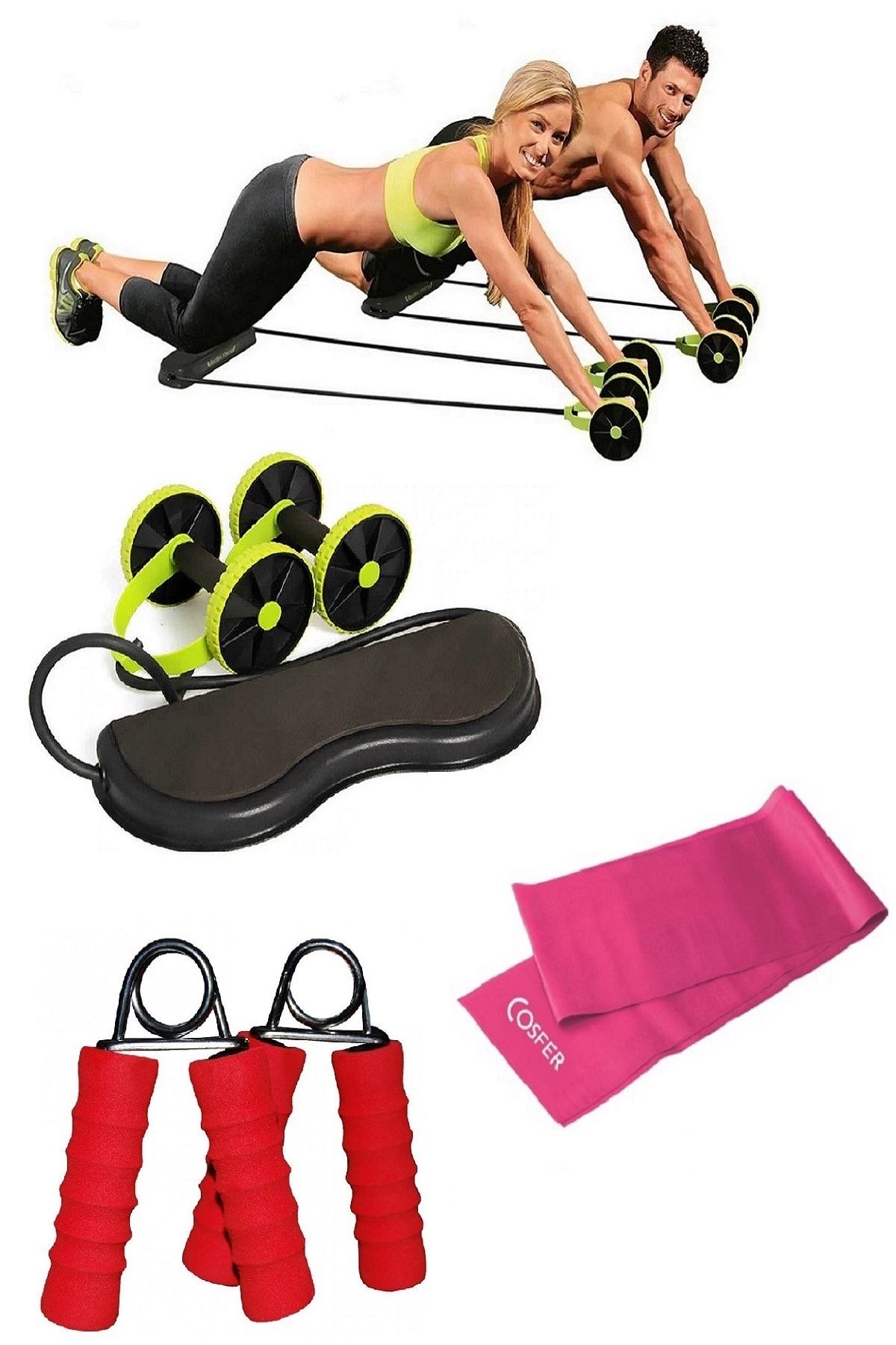 Nadom 3'lü Set Ipli Tekerlekli Fitness Spor Aleti Pilates Bandı El Yayı Tüm Vücut Spor Aletleri