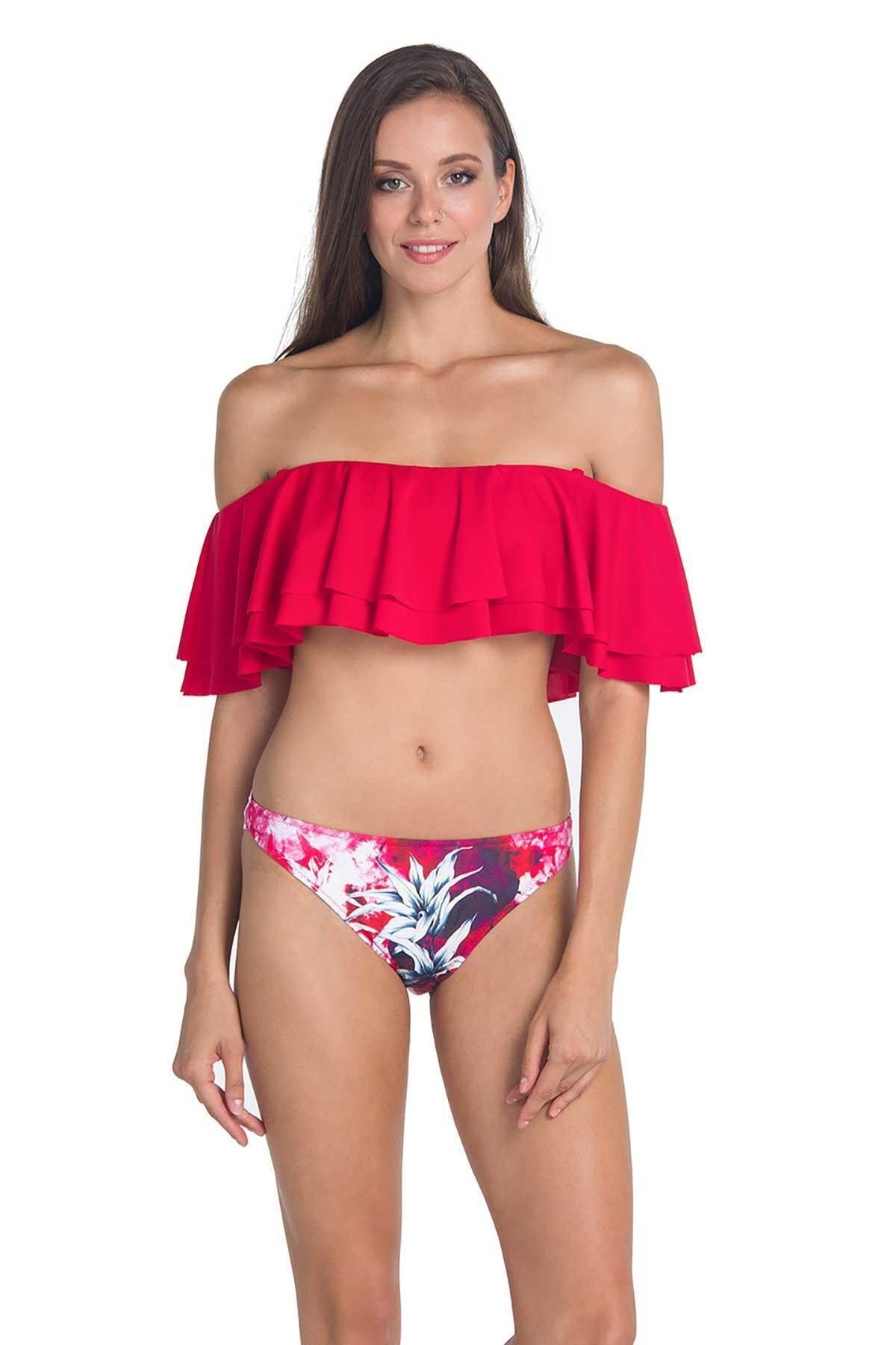 Dagi Kadın Kırmızı Volanlı Altı Desenli Bikini Takımı