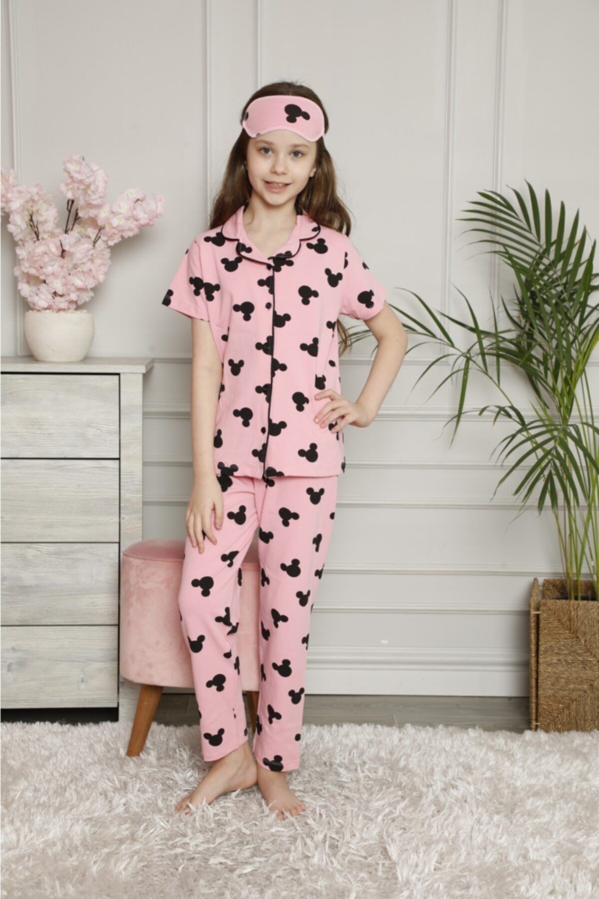 Lolliboomkids Mickey Desenli Pijama Takımı Kız Çocuk Kısa Kol Pembe Renk Yenı Sezon