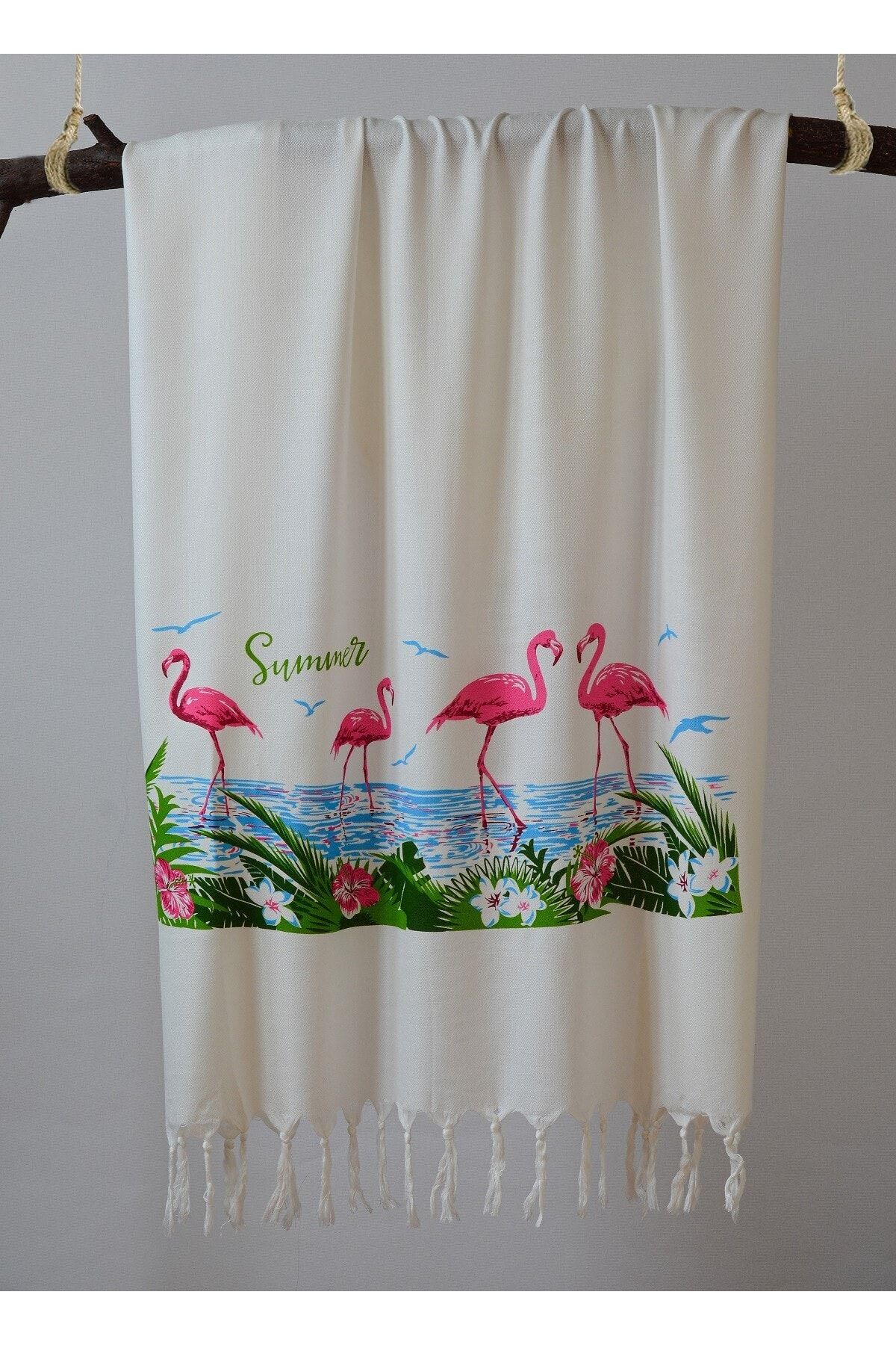 Roi Tekstil %100 Pamuklu Beyaz Flamingo Desenli Pestemal