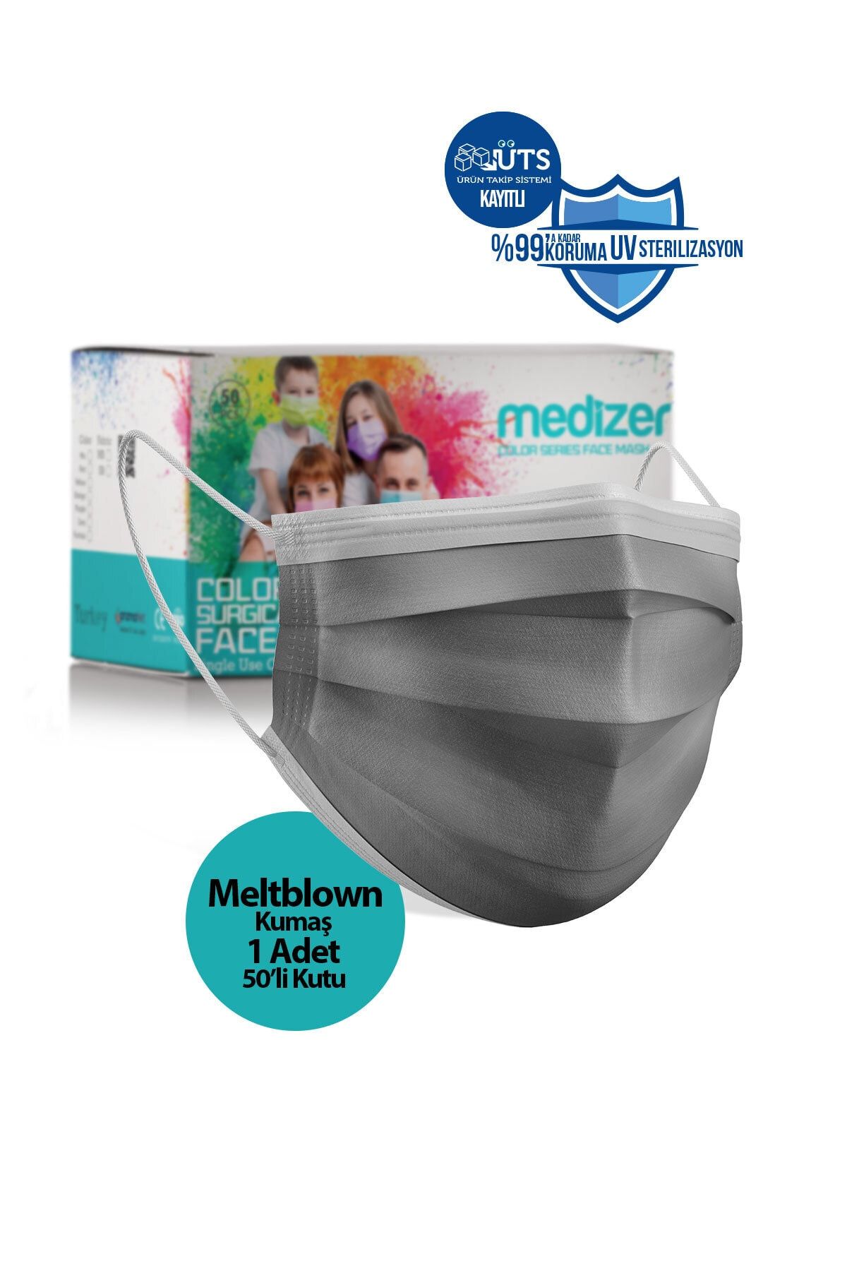 Medizer 50 Adet Gri Meltblown Kumaş Full Ultrasonik 3 Katlı Cerrahi Maske - Burun Telli