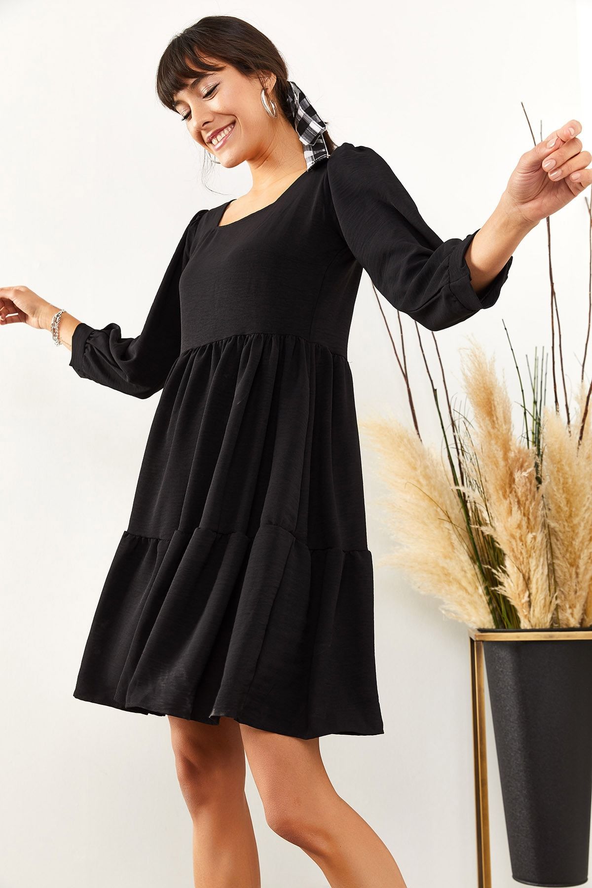 Olalook Kadın Siyah Kare Yaka Salaş Ayrobin Elbise ELB-19001399