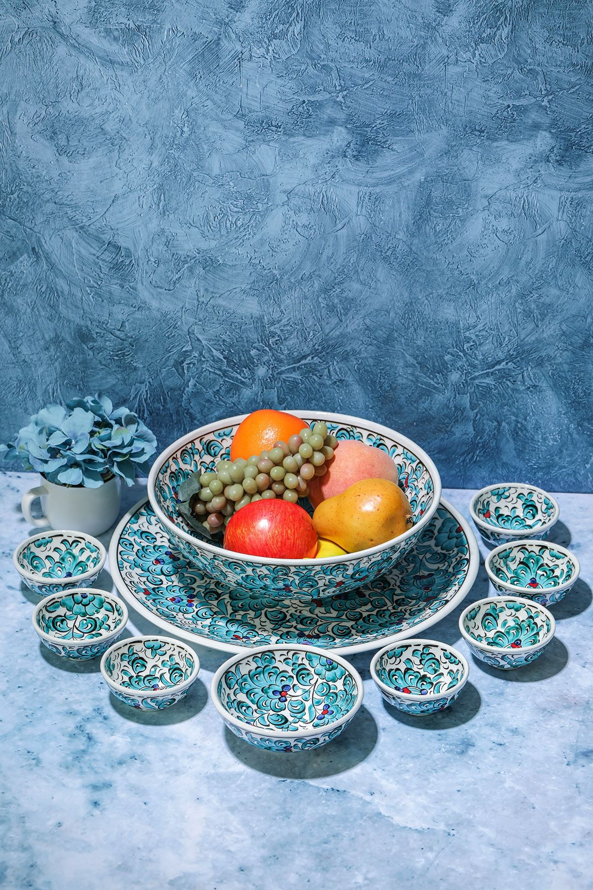 Seramik Home El Yapımı Seramik Çini Çerez Seti Ve 25cm Kase Meyve Salata Sunum
