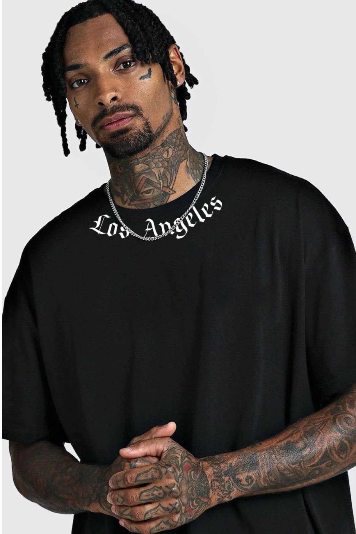 VBSVİBES Unisex Siyah Oversize Yaka Los Angeles Baskılı Örme T-shirt