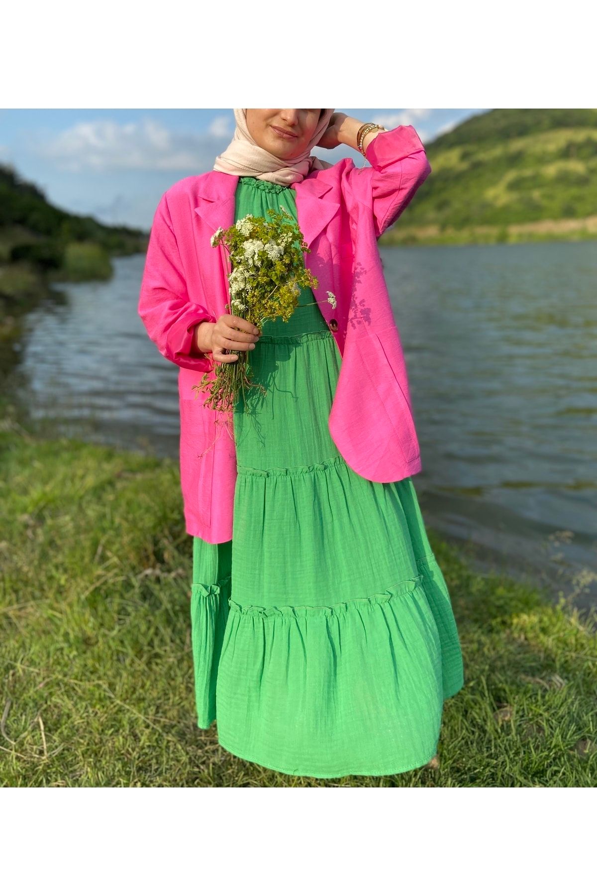 Batik Kadın Yeşil Ense Kurdelalı Tasarım Müslin Elbise