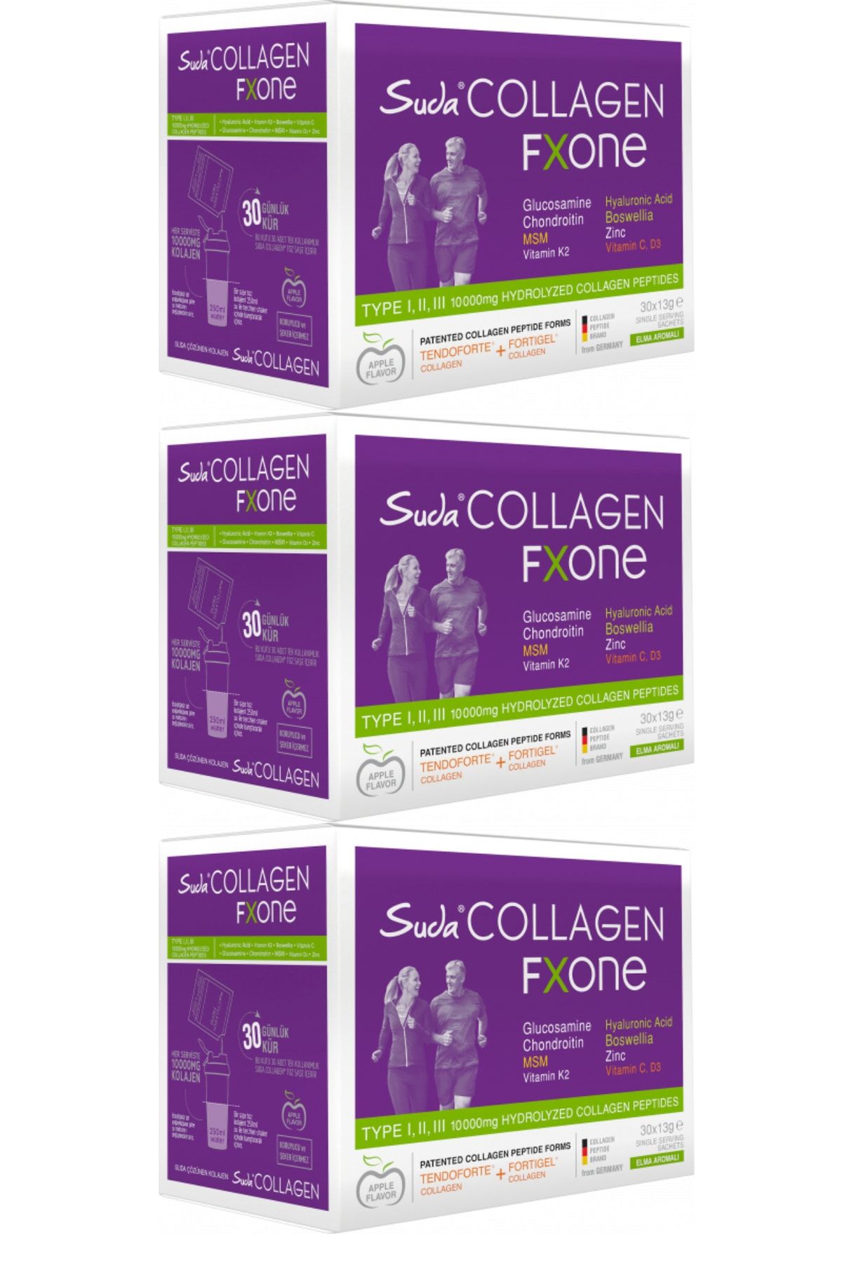 Suda Collagen Fxone Elmalı 13gr X 30 Gün ( Tip 1-2-3 10.000mg Kolajen Içerir.) 3 Lü  Paket