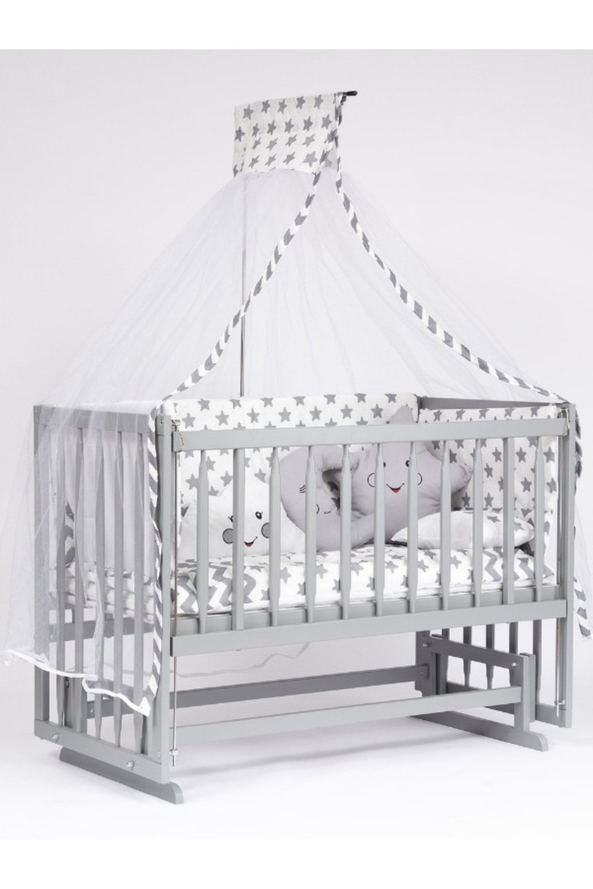 bebeget Süper Natural ahşap Beşik 4 Kademeli Gri Anne Yanı Sallanır Bebek Beşiği 60x120 -uyku Seti+yatak G3