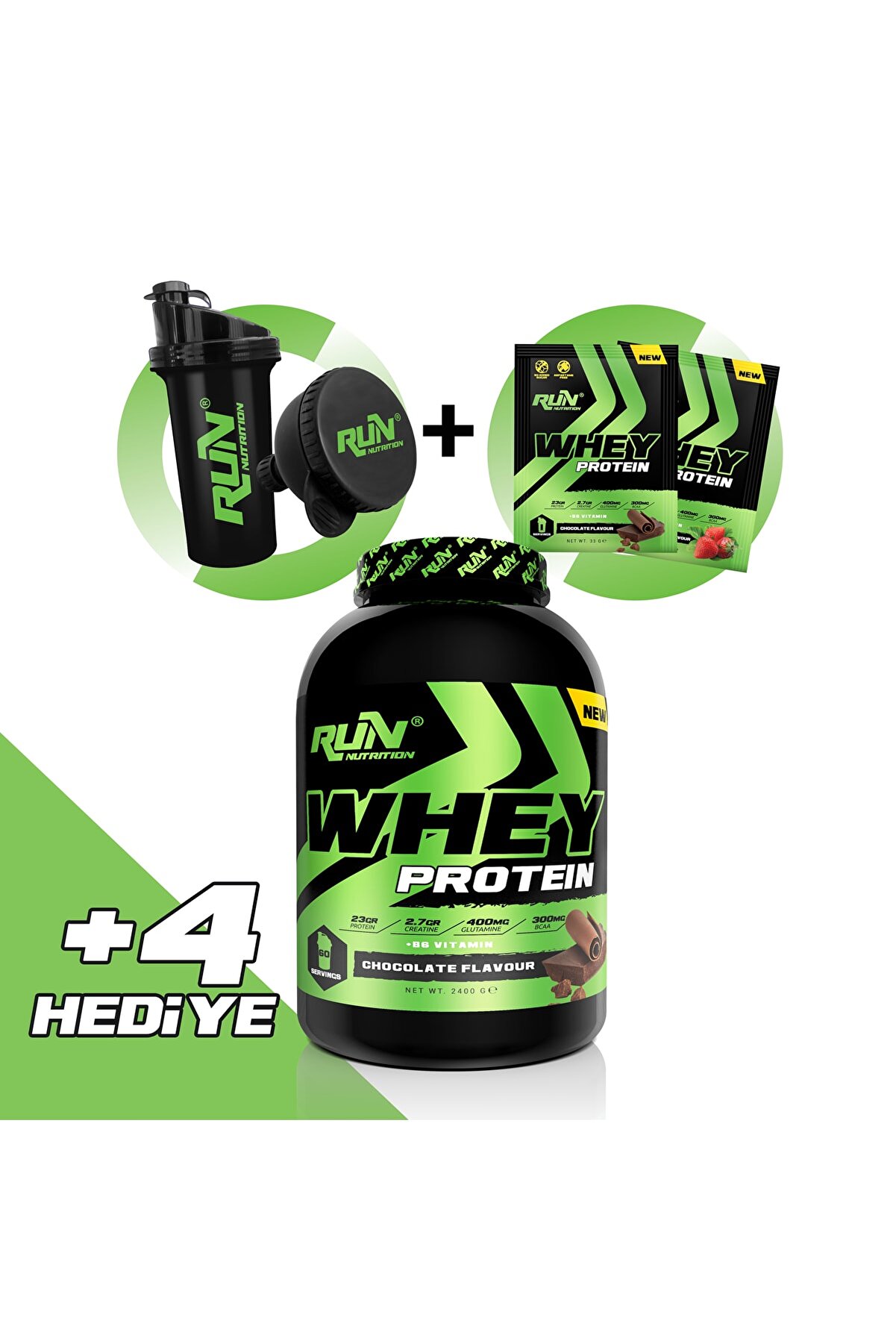 Run Nutrition Whey Protein 2400 gr (ÇİKOLATA AROMALI) Shaker Huni 2 Adet Tek Kullanımlık Whey Protein