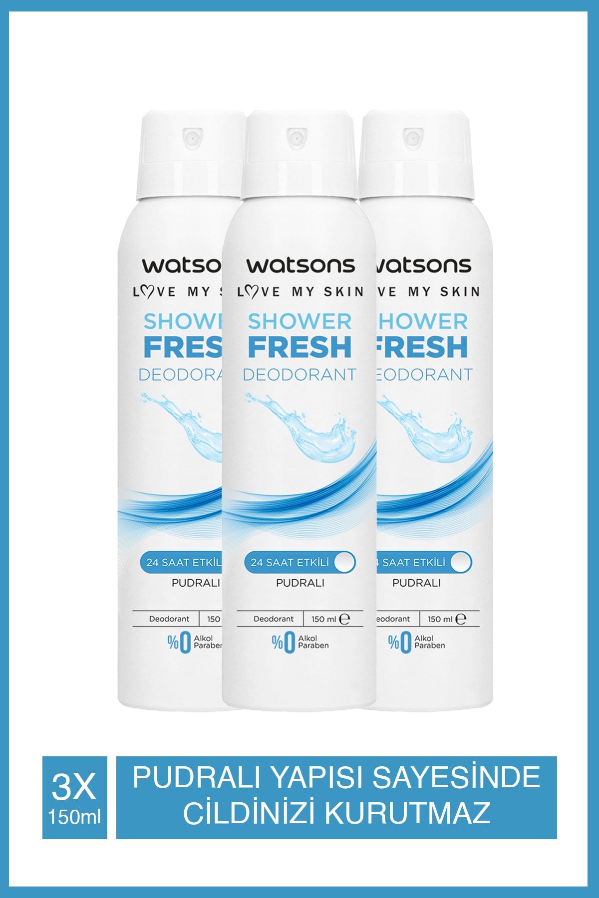 Watsons Shower Fresh Pudralı 24 Saat Etkili Deodorant Sprey 150 ml 3 Adet