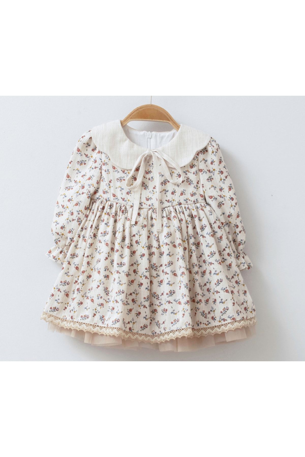 Mymio Kahverengi Kız Bebek Naturel Çiçekli Yaka Detaylı Müslin Elbise