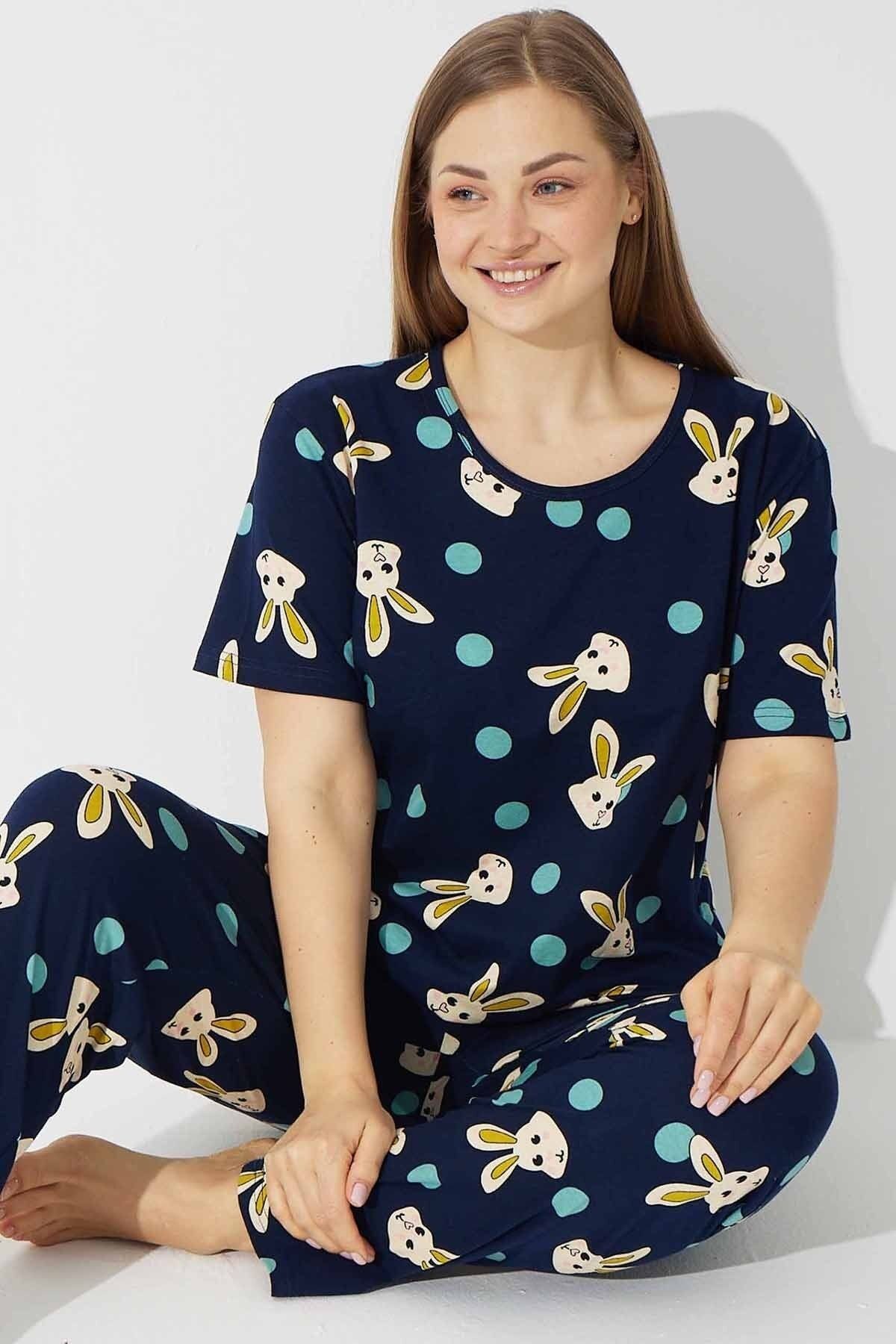 Siyah İnci Lacivert Tavşan Desenli Pamuklu Curve Büyük Beden Battal Pijama Takım