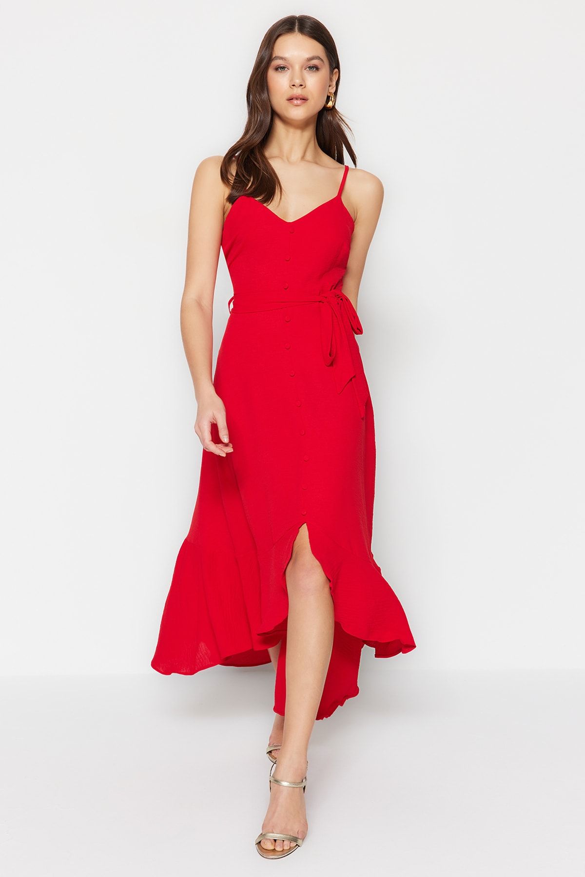 TRENDYOLMİLLA Kırmızı Kuşaklı A-Kesim VolanlıDüğme Detaylı Dokuma Maxi Elbise TWOSS23EL02271