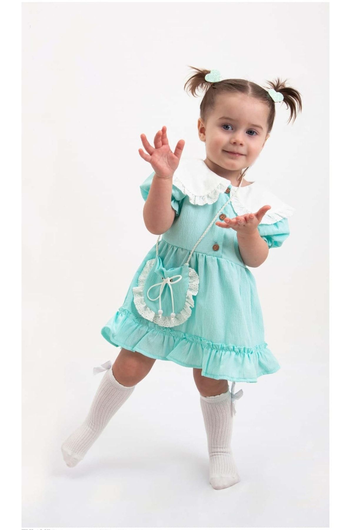 MİNİKO KİDS Kız Bebek Yaka Dantelli Kısa Kol Çantalı Pamuk Elbise
