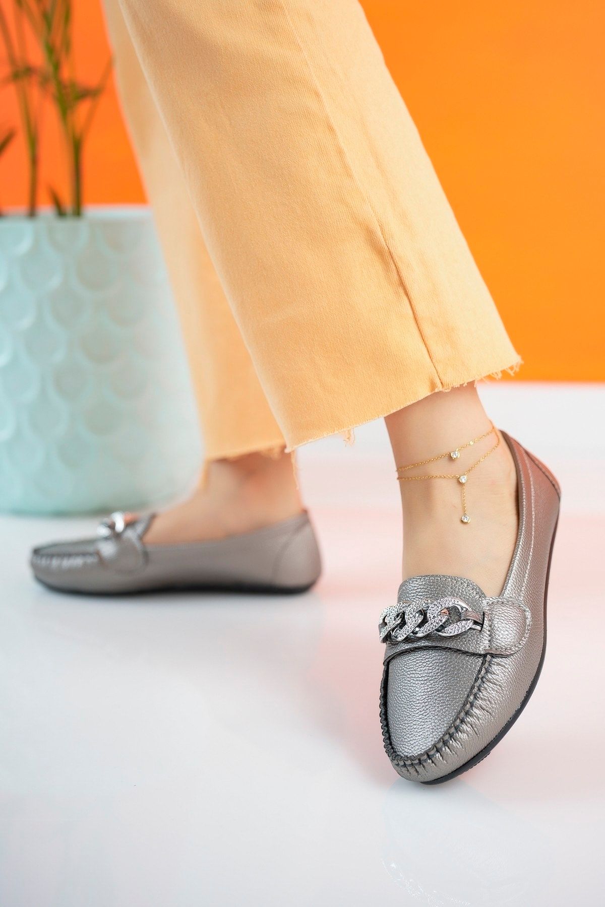 EDS Shoes Kadın Günlük Giyilebilir Deri Cilt Dışarı Babet Yumuşak Taban Ofis Mevsimlik Ayakkabı