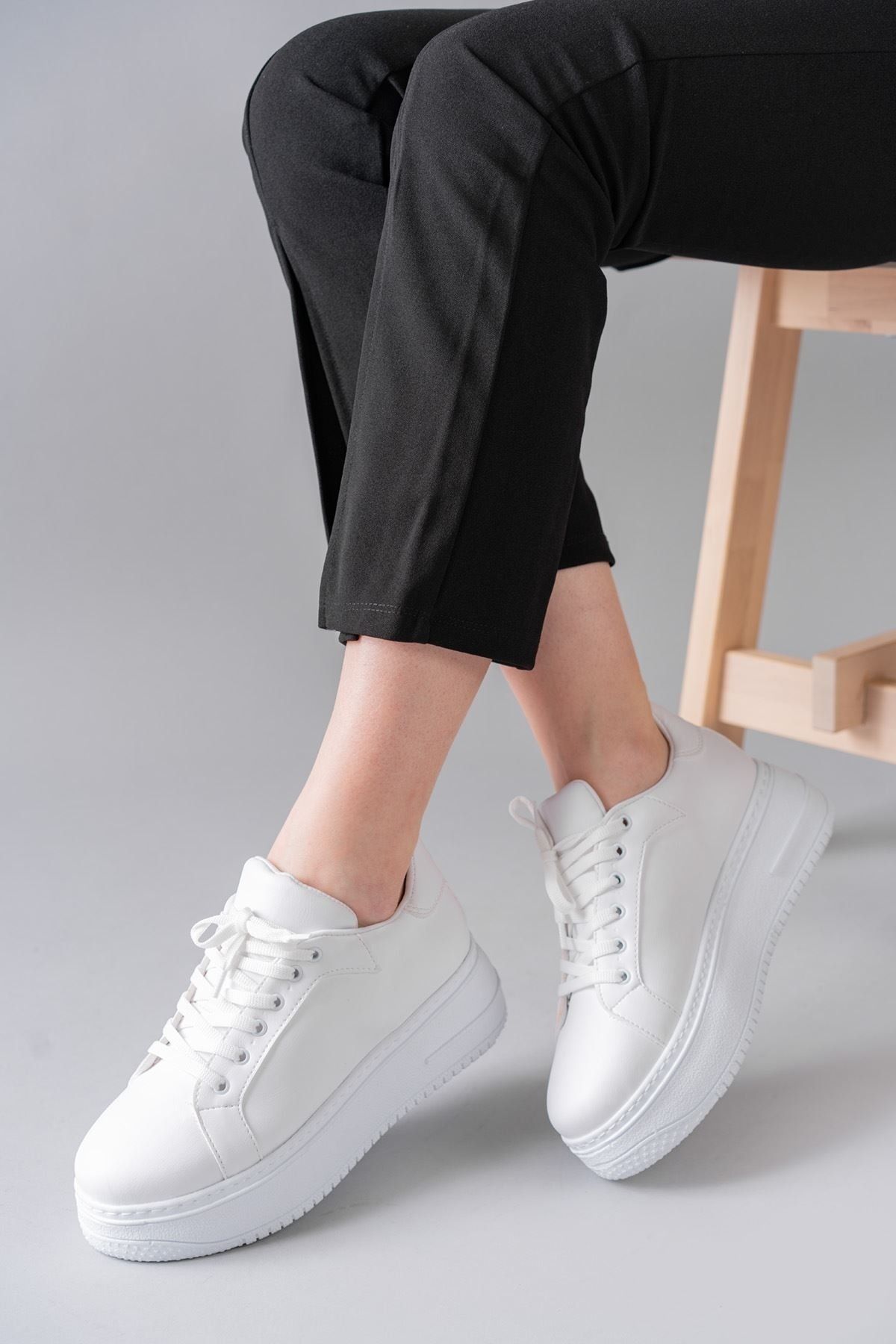 Ernixs Moda Luke Beyaz Bağcıklı Yüksek Taban Spor Ayakkabı