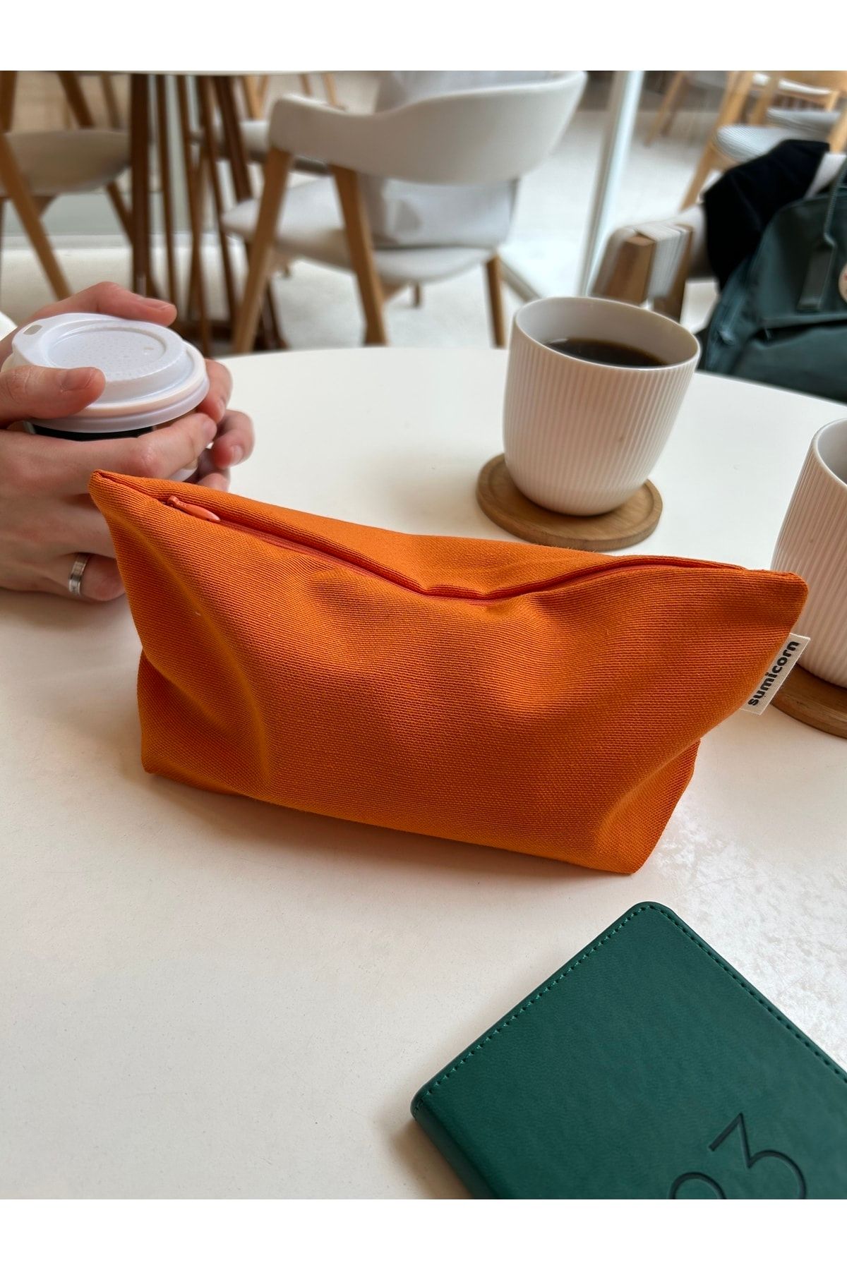 Sumicorn Design Soft Turuncu Yıkanabilir Fermuarlı Tek Gözlü Bez Kalemlik Kalem Kutusu Cüzdan Makyaj Çantası
