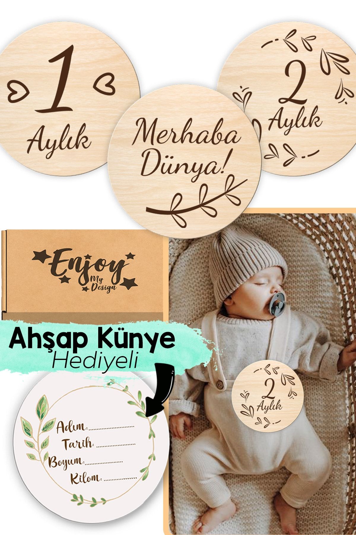 Enjoymydesign Ahşap Türkçe Aylık Plak Seti Bebek Fotoğraf Kartları Ahşap Bebek Anı Kartı Yenidoğan Hediyesi