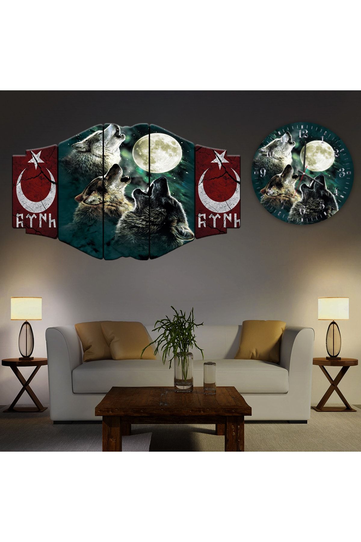 Zevahir Mobilya Dekorasyon Zevahir Mdf Tablo + Saat Ülkücü Kurt Göktürk Hilal Kombini