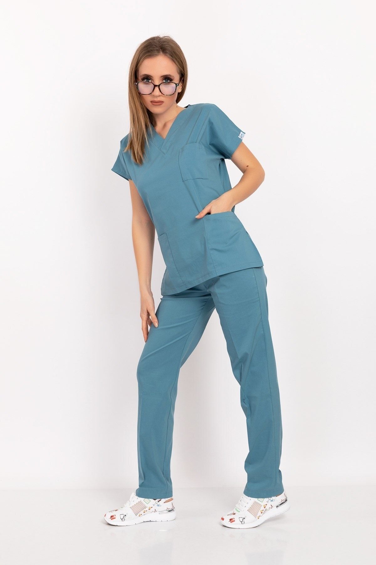 Nur Medikal Giyim Unisex Kadın Erkek Cool Petrol Mavi Likralı Doktor Hemşire Hastane Scrubs Üniforma Takımı