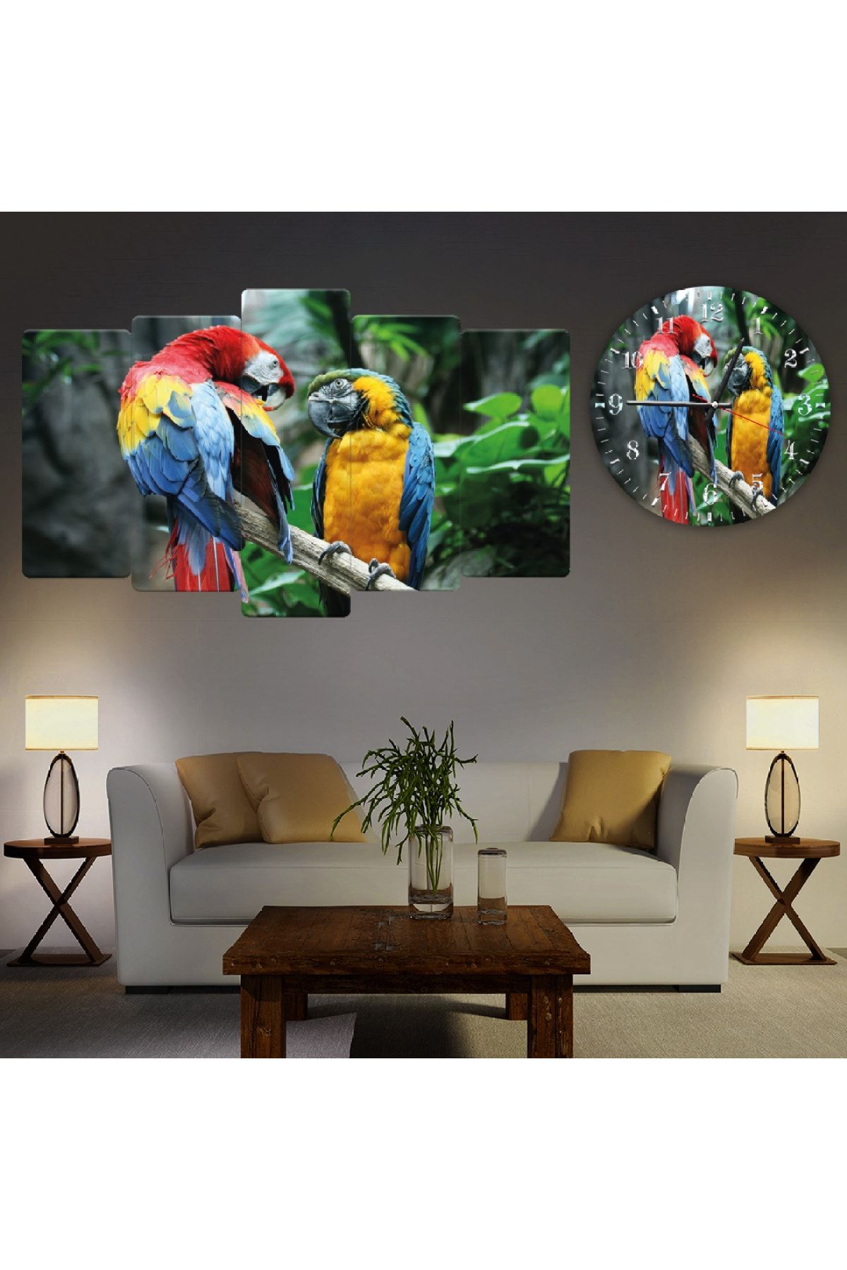 Zevahir Mobilya Dekorasyon Zevahir 5 Parça Mdf Renkli Papağanlar Tablo Ve Mdf Saat Kombin