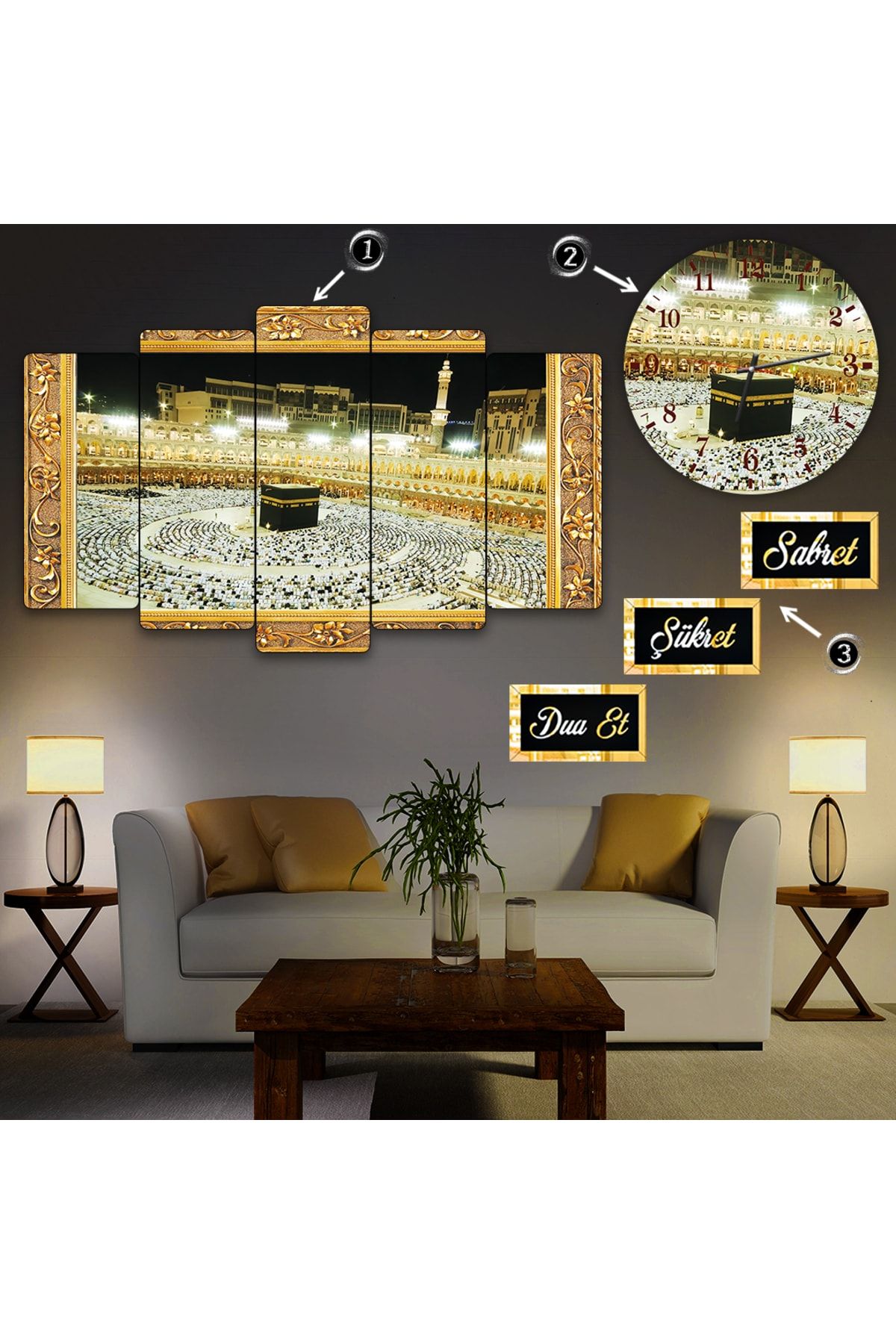 Zevahir Mobilya Dekorasyon Zevahir Efsane 3 Lü Mdf Kabe Tablo + Duvar Saati + Aynalı Gold Pleksi