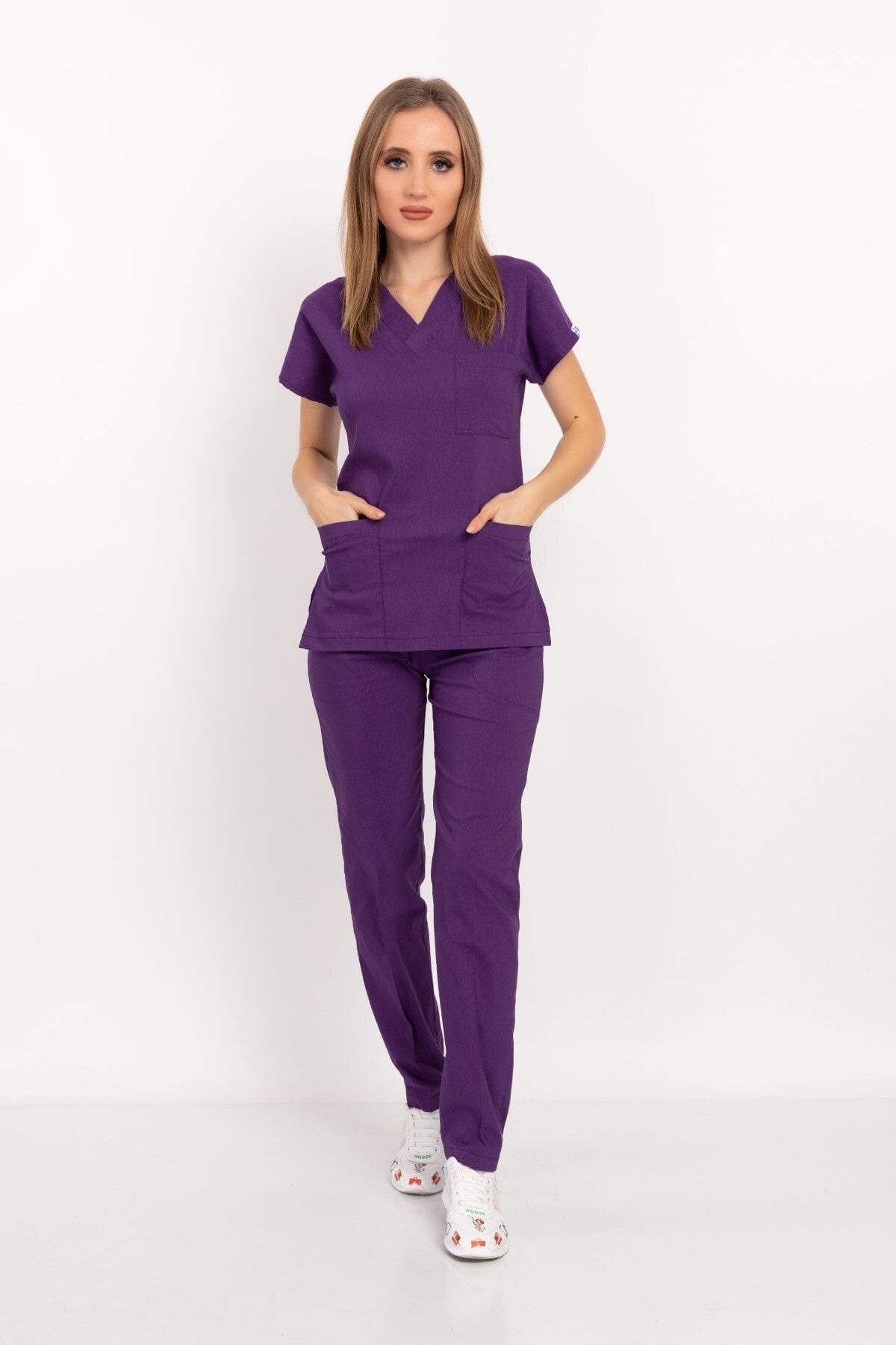 Nur Medikal Giyim Unisex Kadın Erkek Mor Renk Likralı Doktor Hemşire Hastane Scrubs Üniforma Takımı