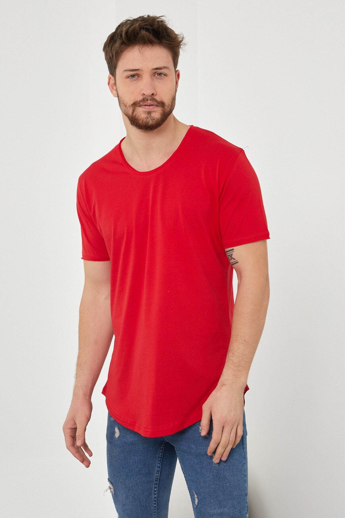 Tarz Cool Erkek Kırmızı Pis Yaka Salaş T-shirt-tcps001r57s