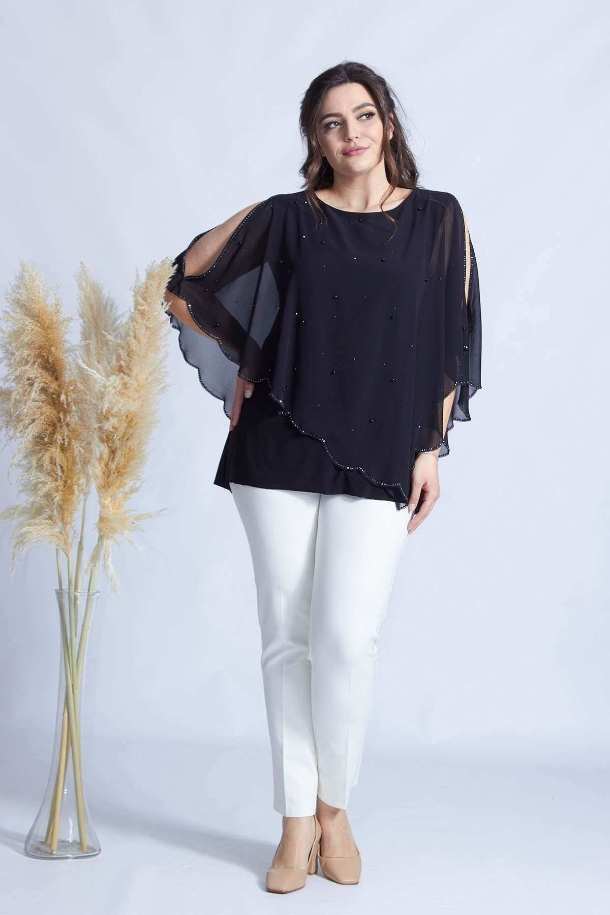 Moda Berray 4050 Siyah Taşlı Pelerinli Şifon Büyük Beden Şık Bluz