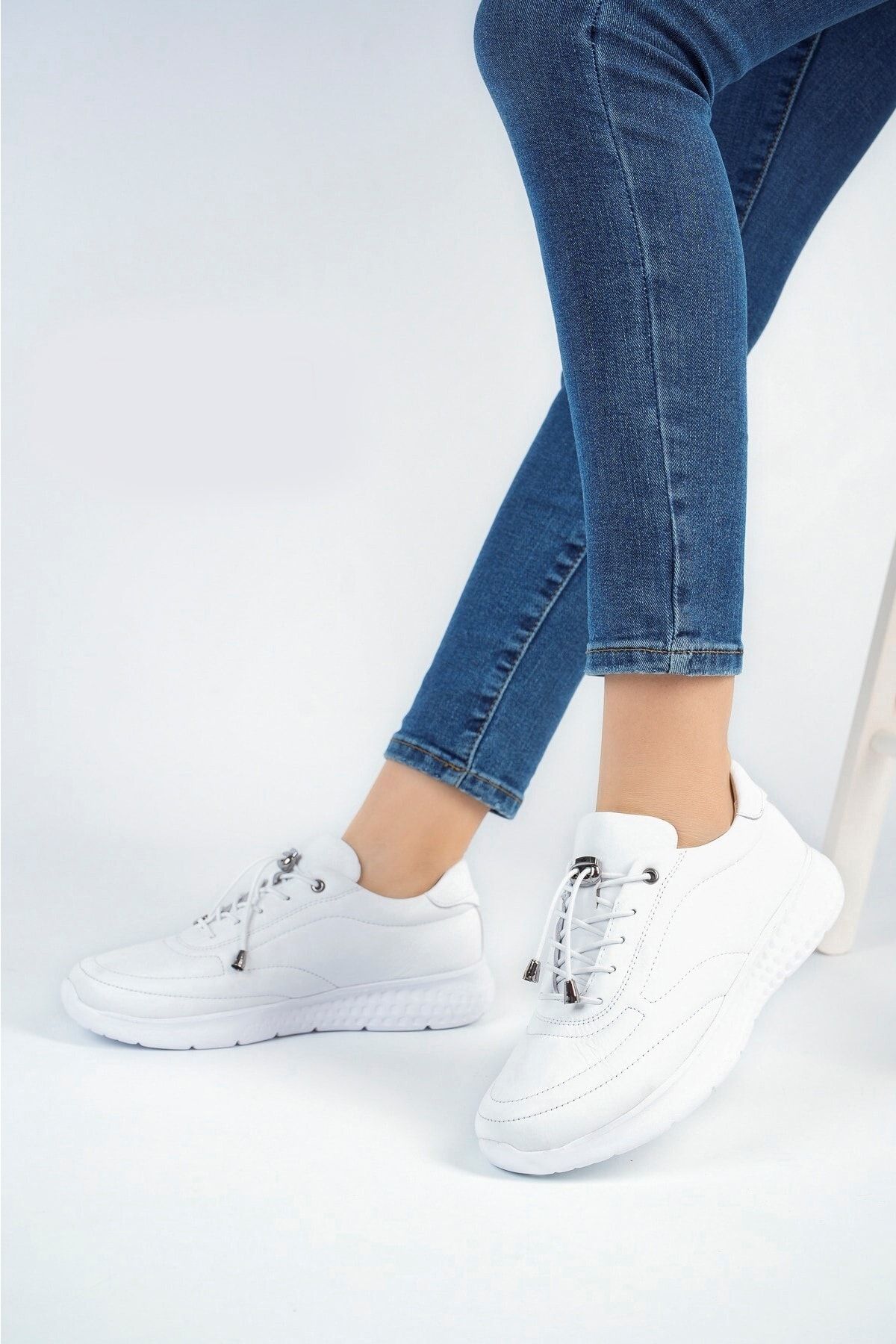 Deripabuc Hakiki Deri Beyaz Kadın Deri Sneaker Spor Ayakkabı Dp71-0110