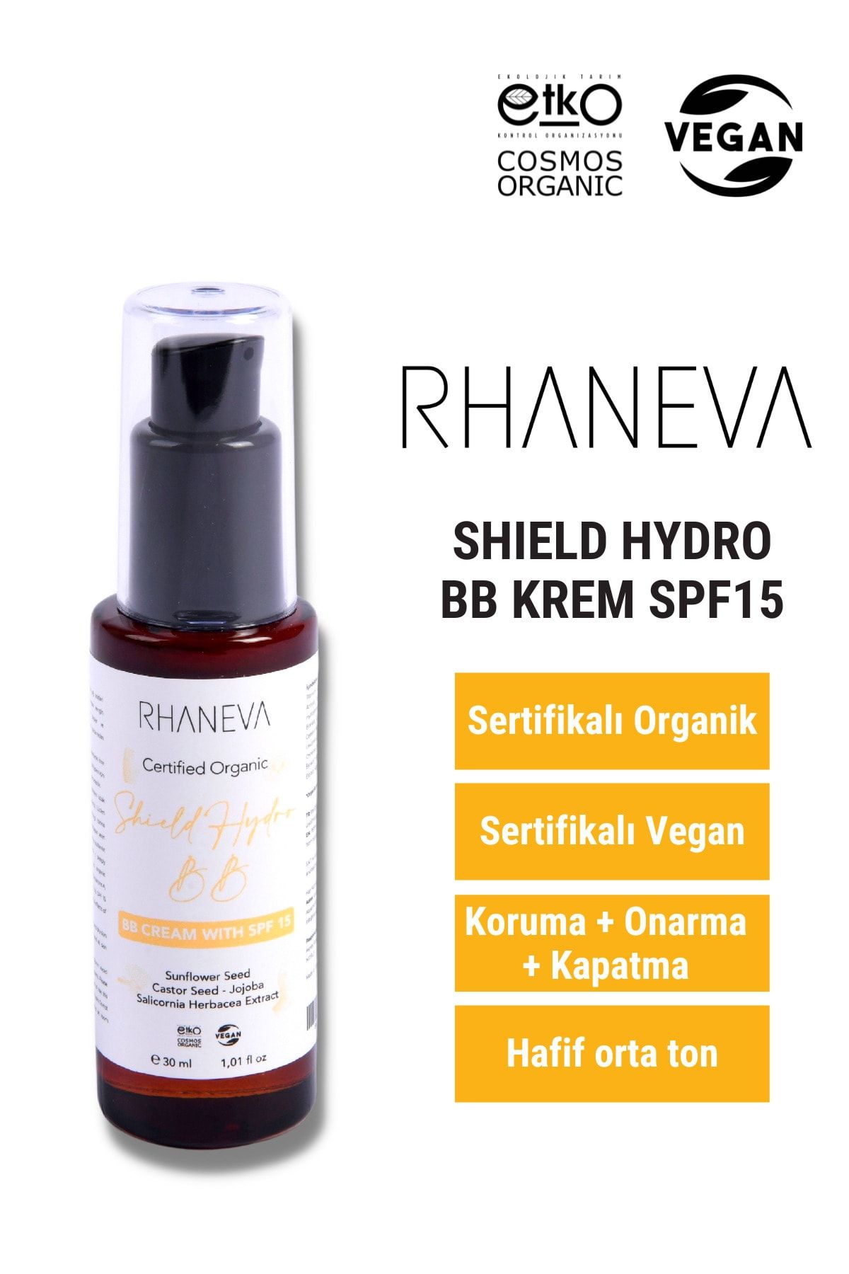 RHANEVA Shield Hydro Bb Krem Spf 15, Organik Ve Vegan Sertifikalı, 30 Ml