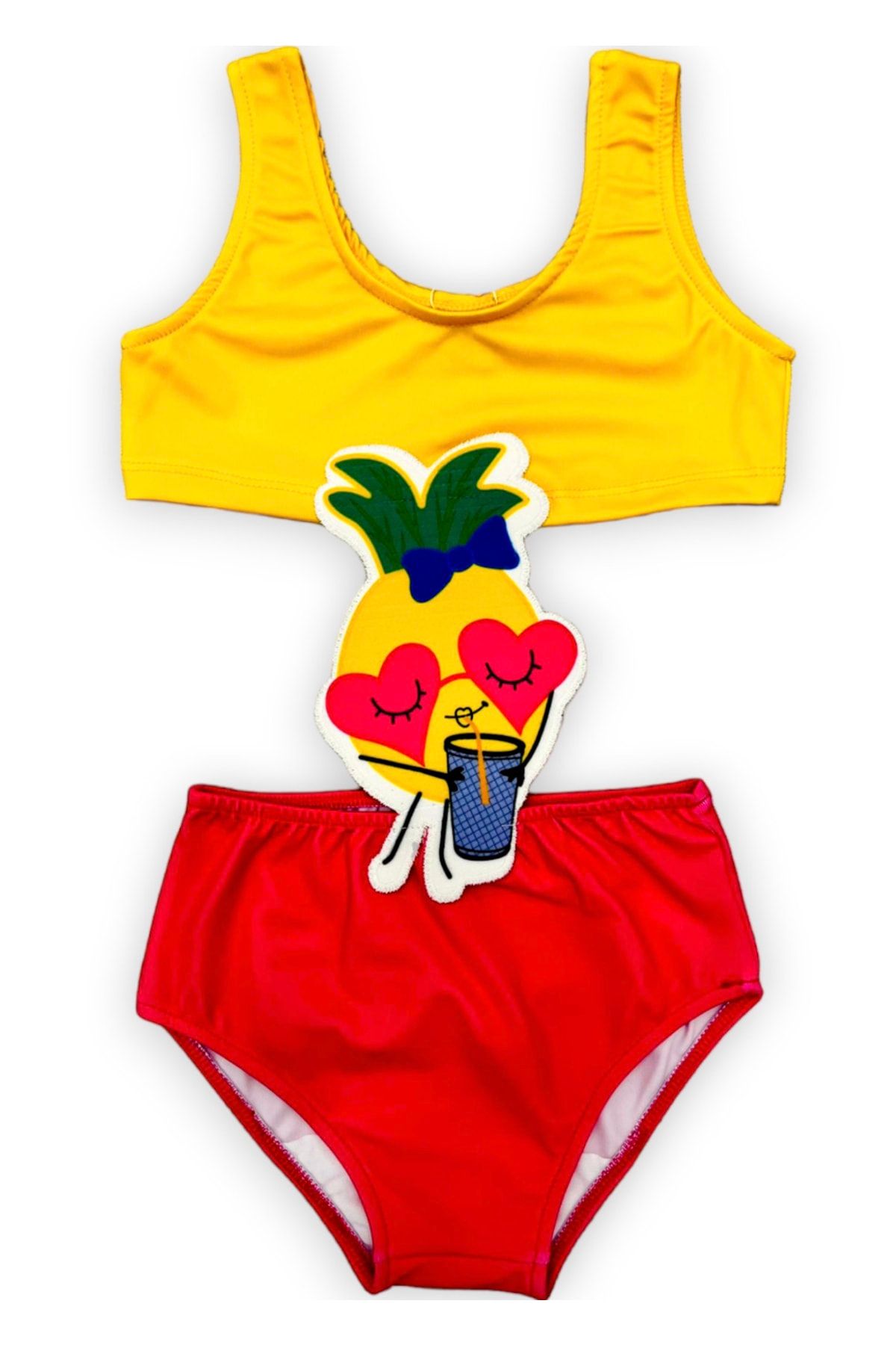 Lolliboomkids Kız Çocuk Çizgi Film Karakterli Figürlü Mayokini Yeni Sezon Sarı Kırmızı Meyve Suyu Ananas Figurlü