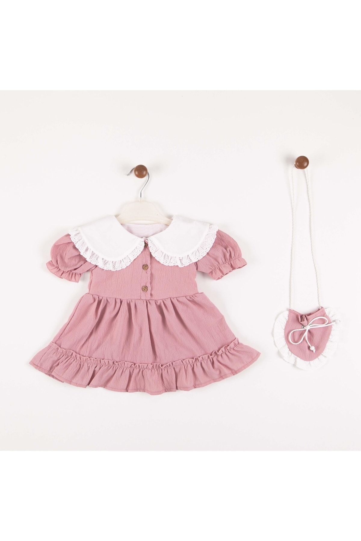 MİNİKO KİDS Kız Bebek Yaka Dantelli Kısa Kol Çantalı Pamuk Elbise