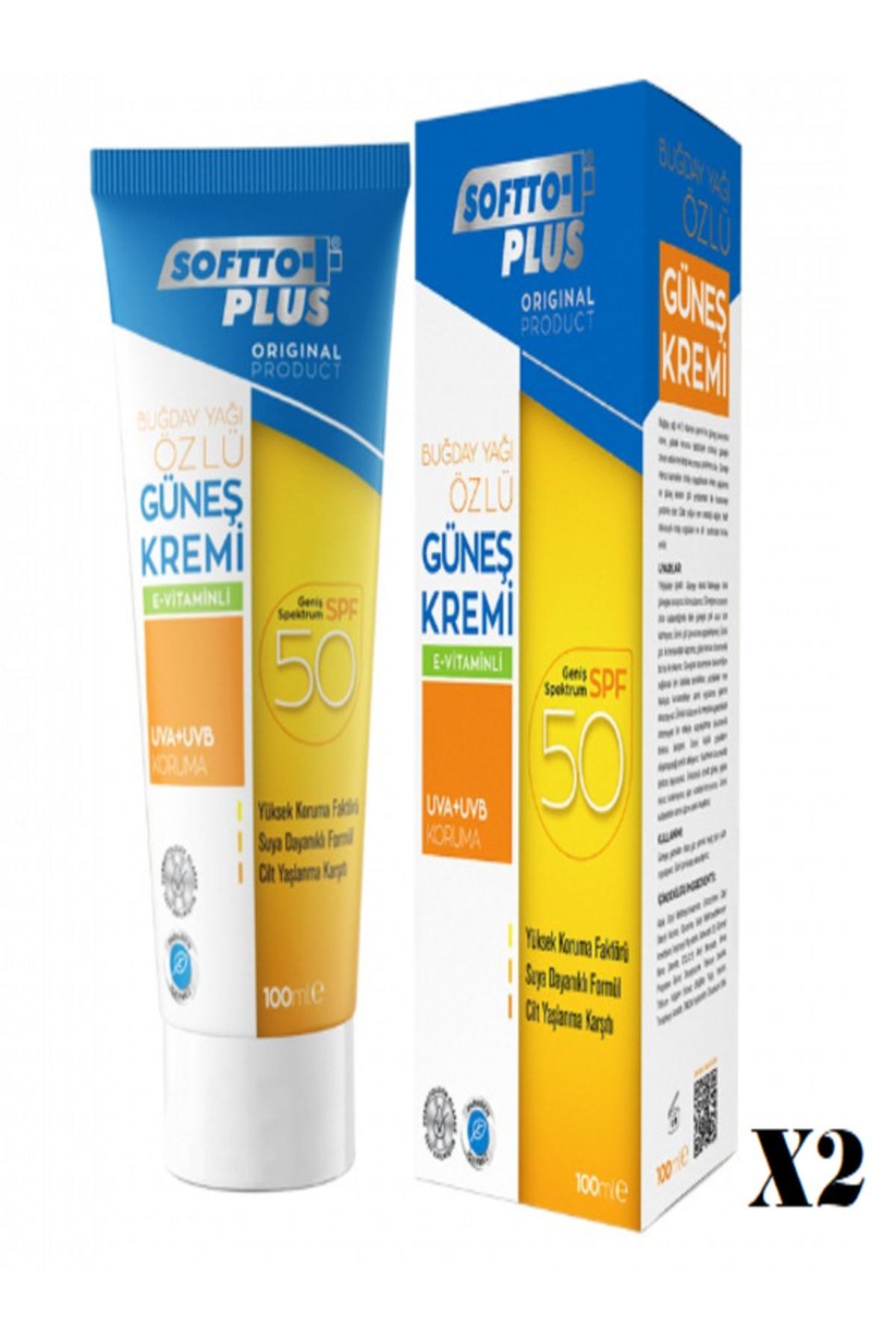 Softo Plus Buğday Özlü E Vitaminli Güneş Kremi Spf50 100 ml Uva Uvb 2'li Set