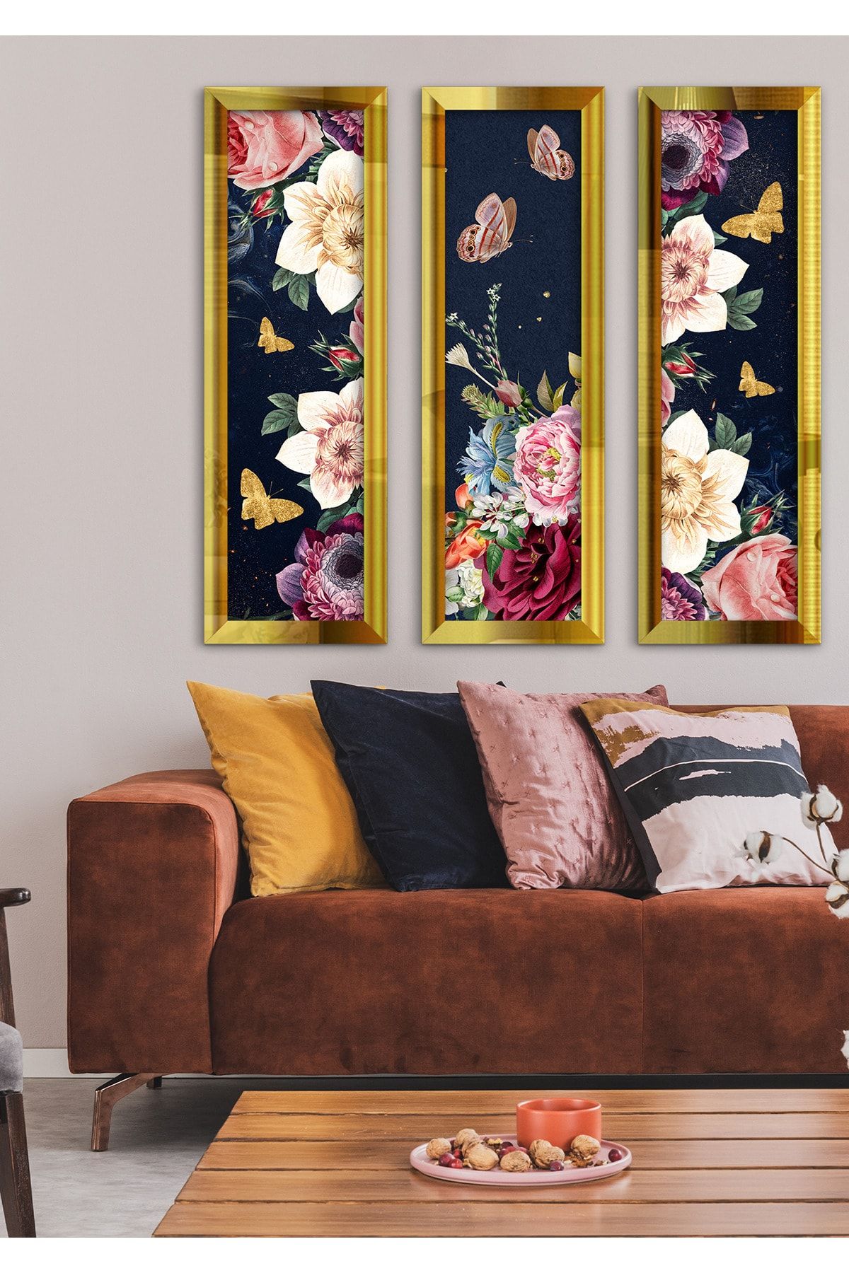 Evinemoda Renkli Çiçekler Kelebekler Gold Pleksi Aynalı 3 Parça Tablo
