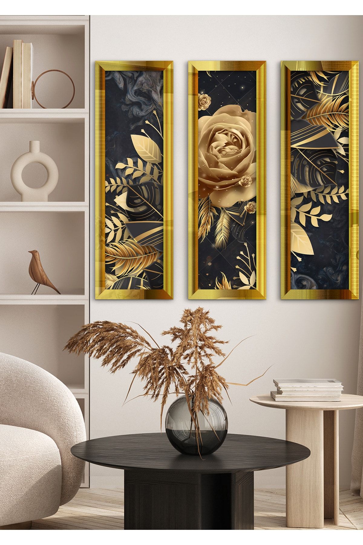 Evinemoda Gold Çiçek Yapraklar Gold Pleksi Aynalı 3 Parça Tablo
