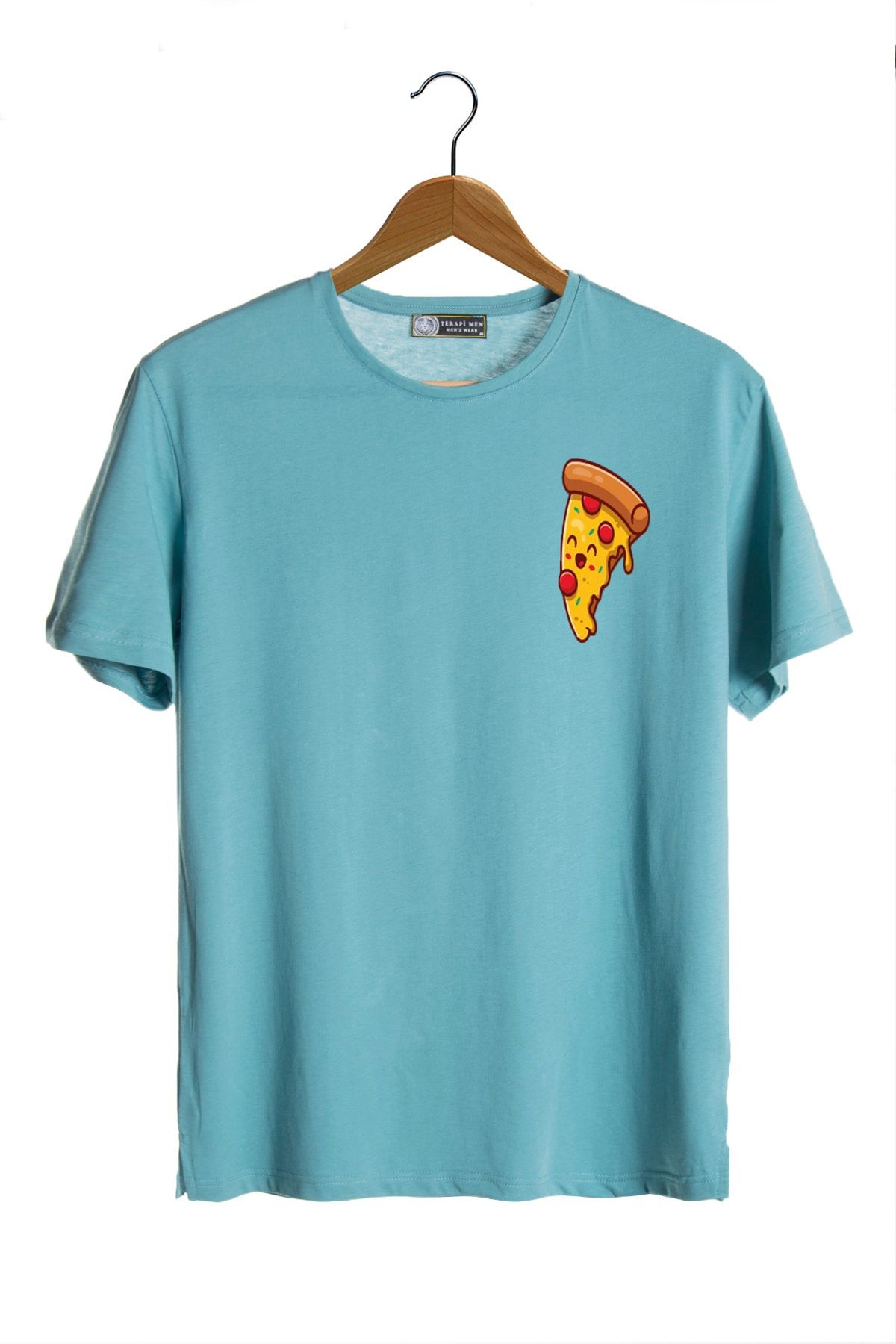 VEAVEN Unisex Turkuaz Bisiklet Yaka Önü Pizza Baskılı Oversize T-shirt