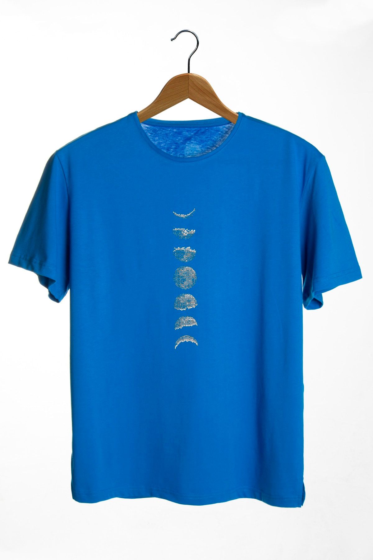 VEAVEN Unisex Mavi Bisiklet Yaka Önü Gezegen Baskılı Oversize T-shirt