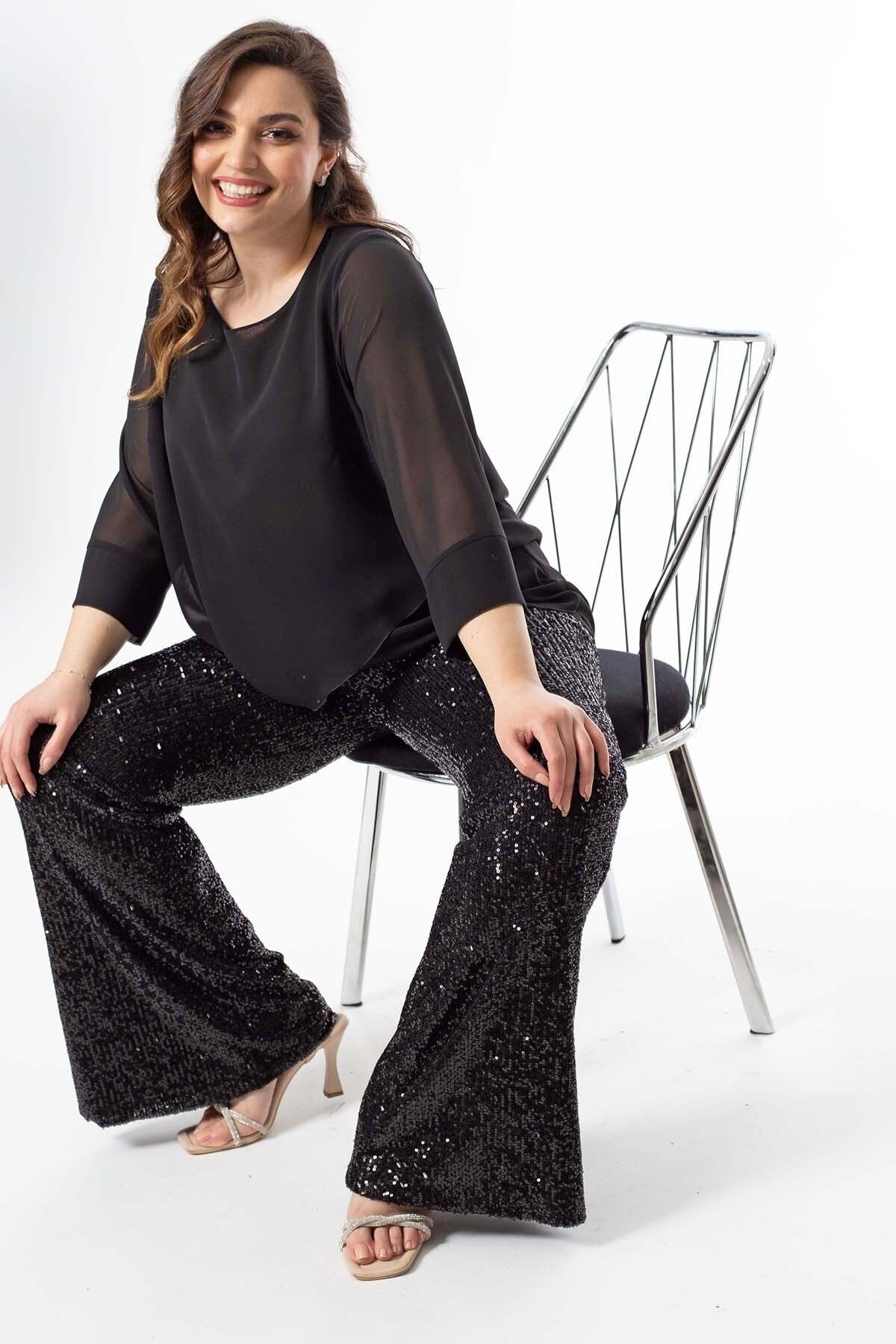 Moda Alba Siyah Yüksek Bel Ispanyol Paça Toparlayıcı Beli Lastikli Payetli Pullu Büyük Beden Pantalon