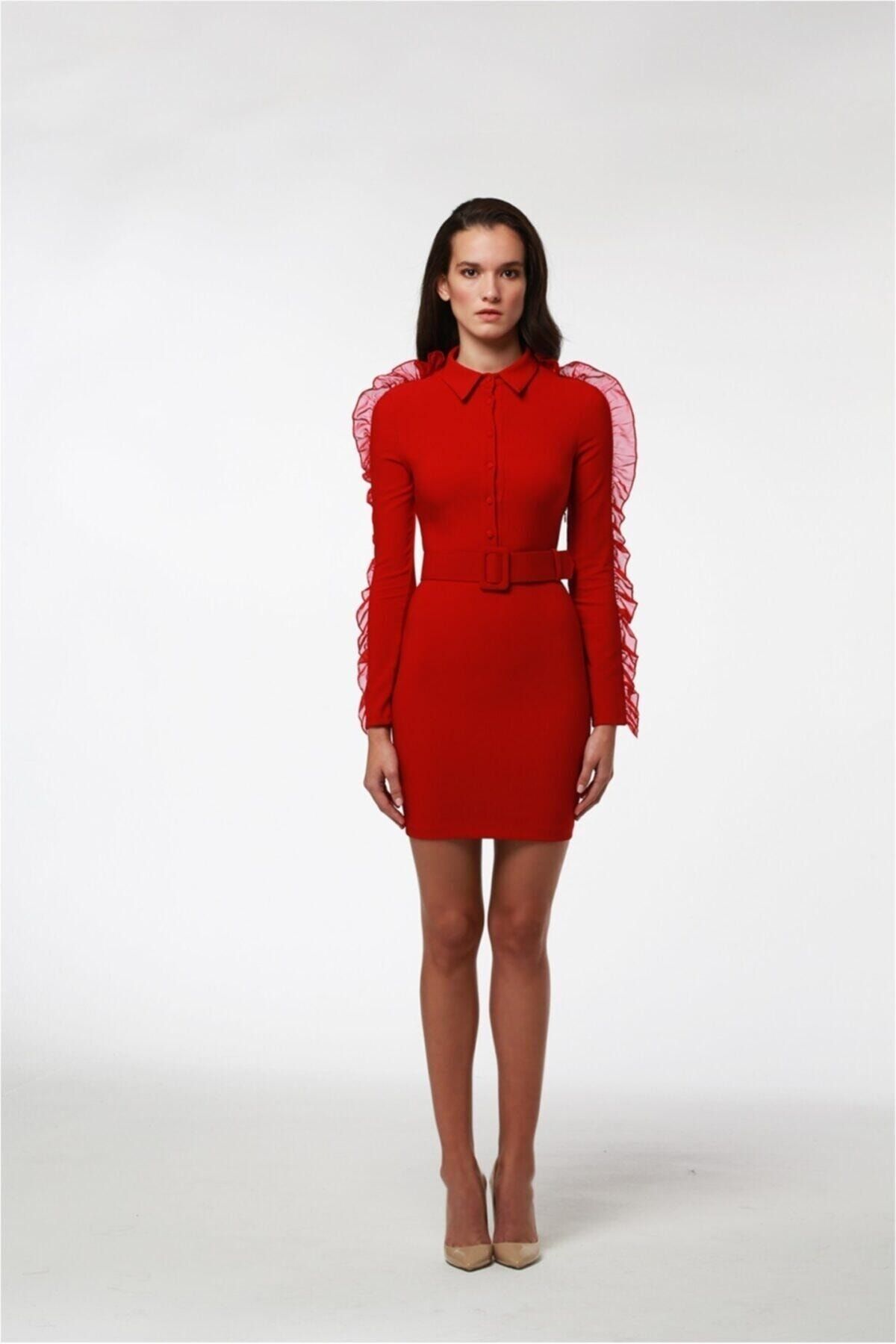Tara Coşkuntuncel Kadın Kırmızı Kolları Fırfır Detaylı Mini Elbise